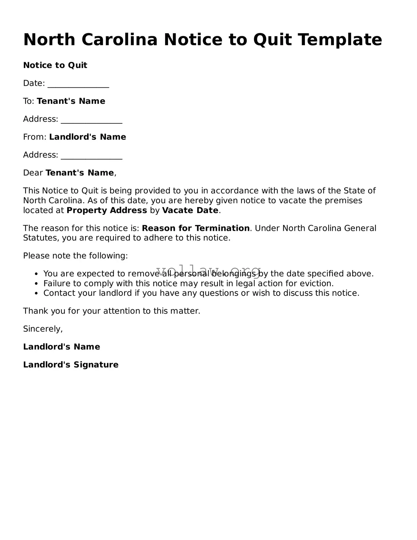 Attorney-Verified  Notice to Quit Form for North Carolina