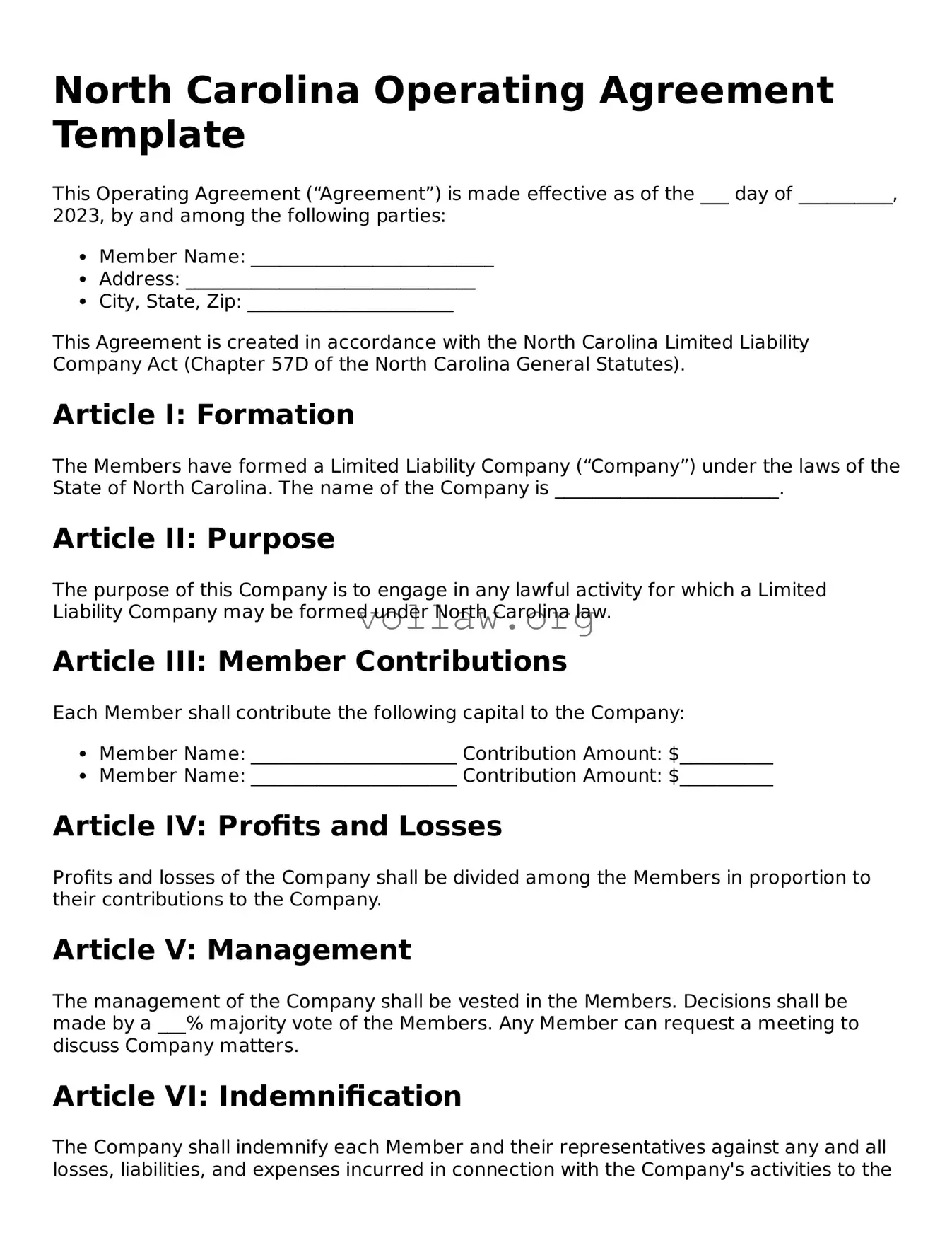 Attorney-Verified  Operating Agreement Form for North Carolina