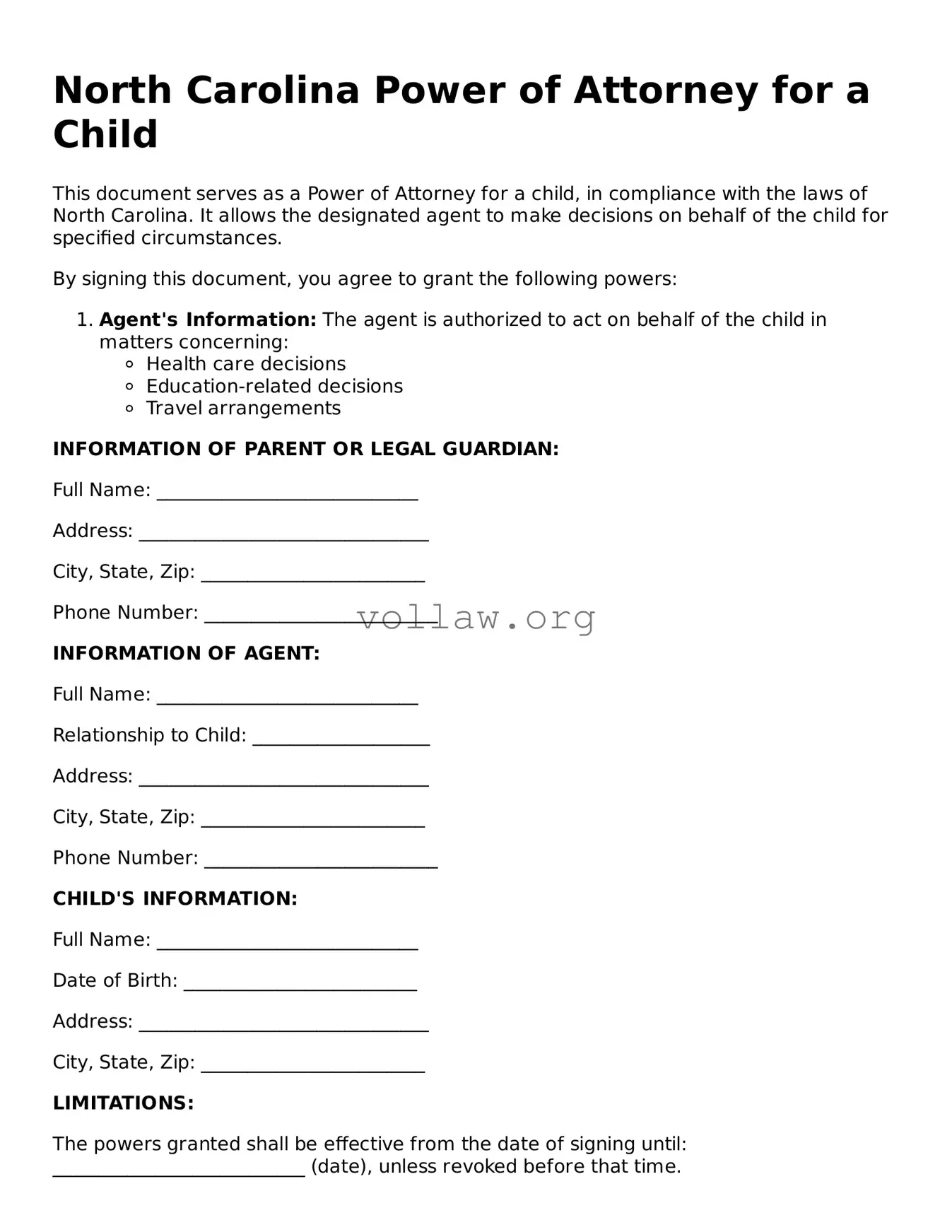Attorney-Verified  Power of Attorney for a Child Form for North Carolina