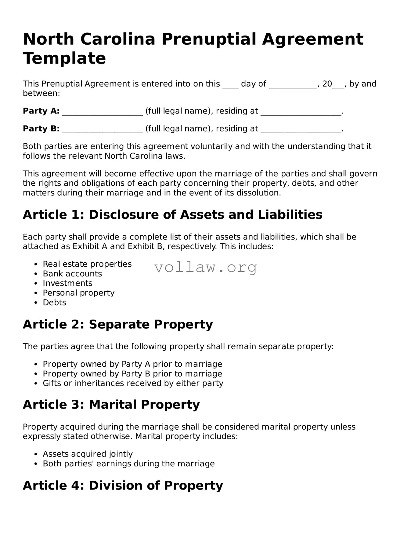 Attorney-Verified  Prenuptial Agreement Form for North Carolina