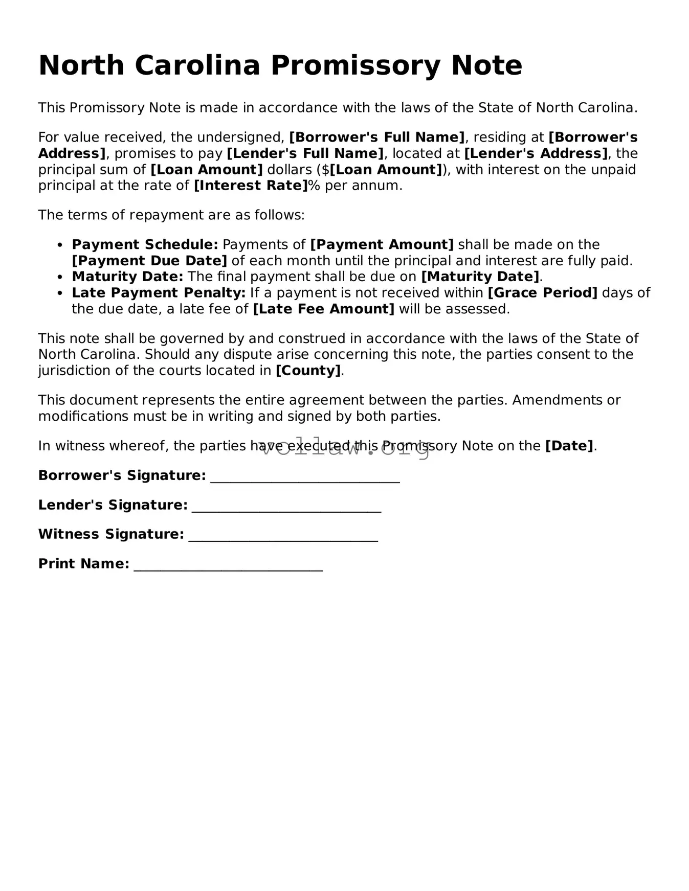 Attorney-Verified  Promissory Note Form for North Carolina