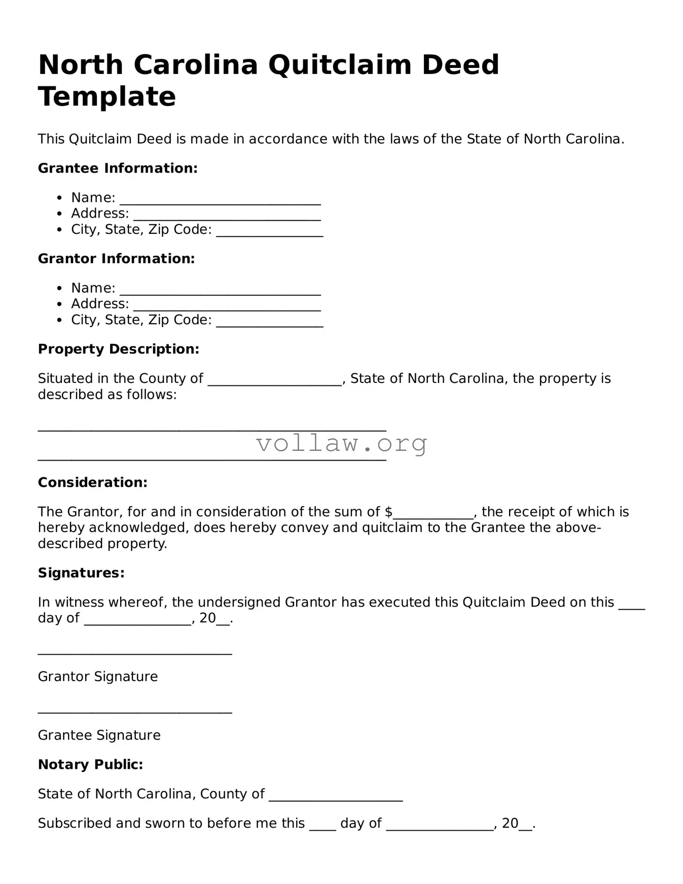 Attorney-Verified  Quitclaim Deed Form for North Carolina