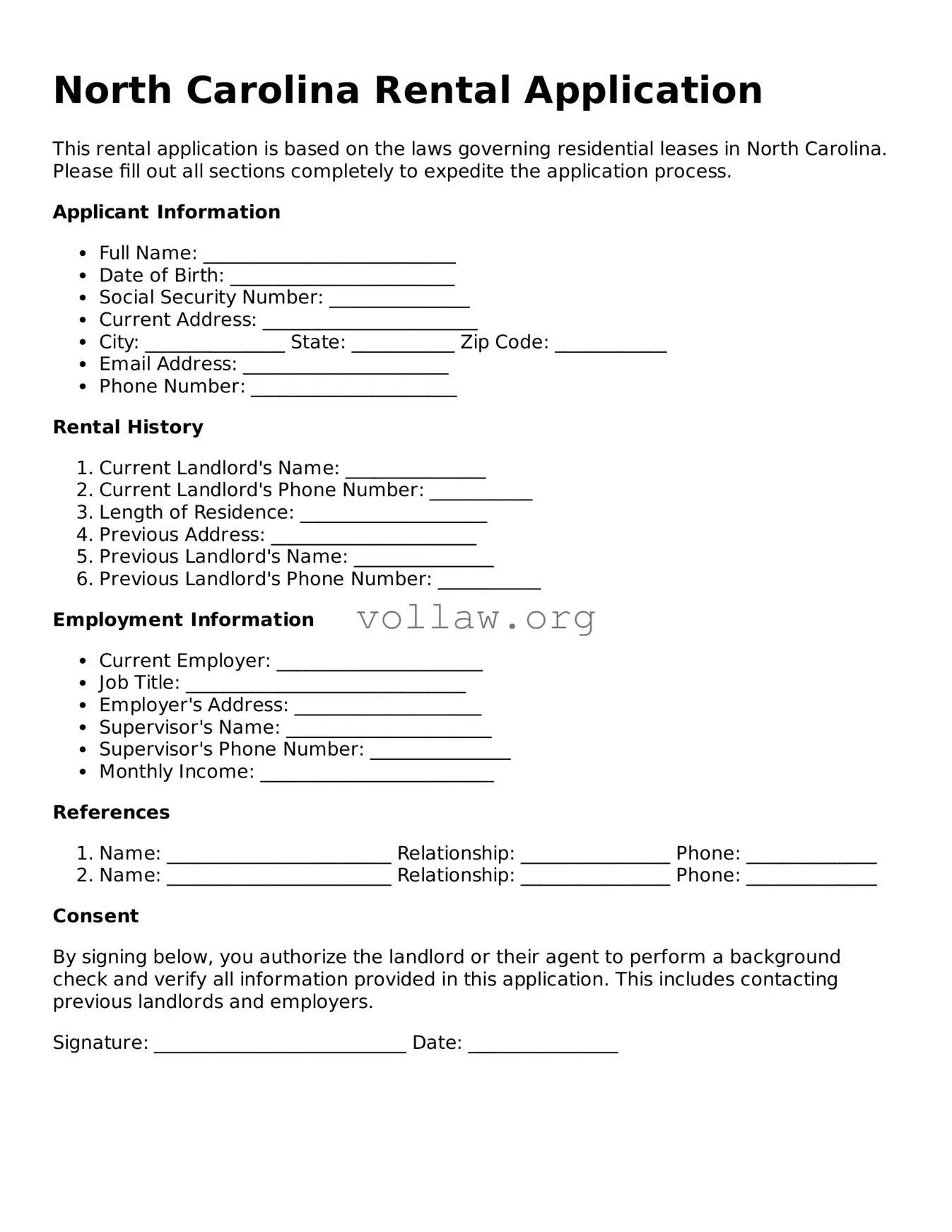 Attorney-Verified  Rental Application Form for North Carolina