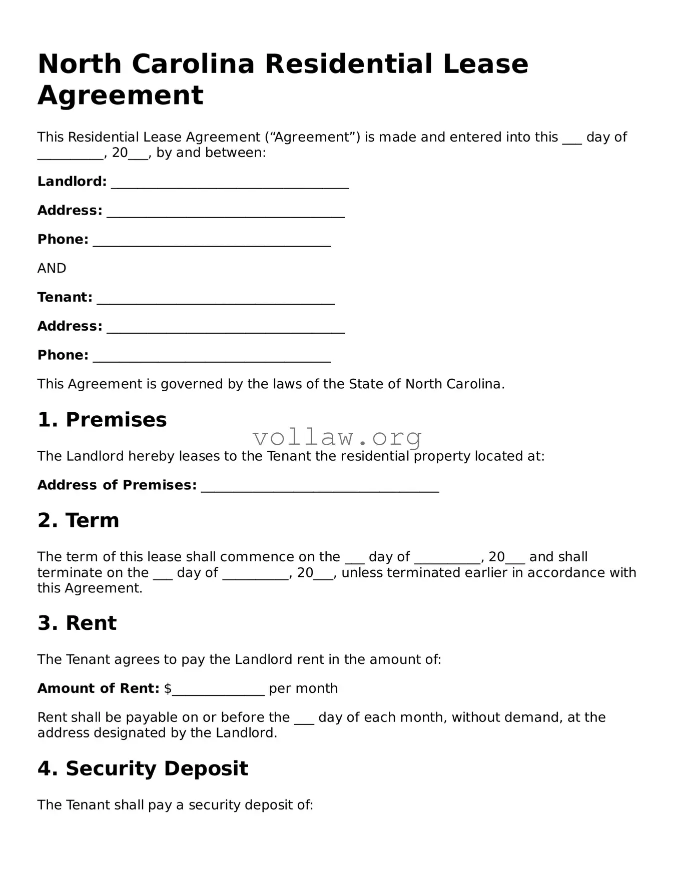 Attorney-Verified  Residential Lease Agreement Form for North Carolina