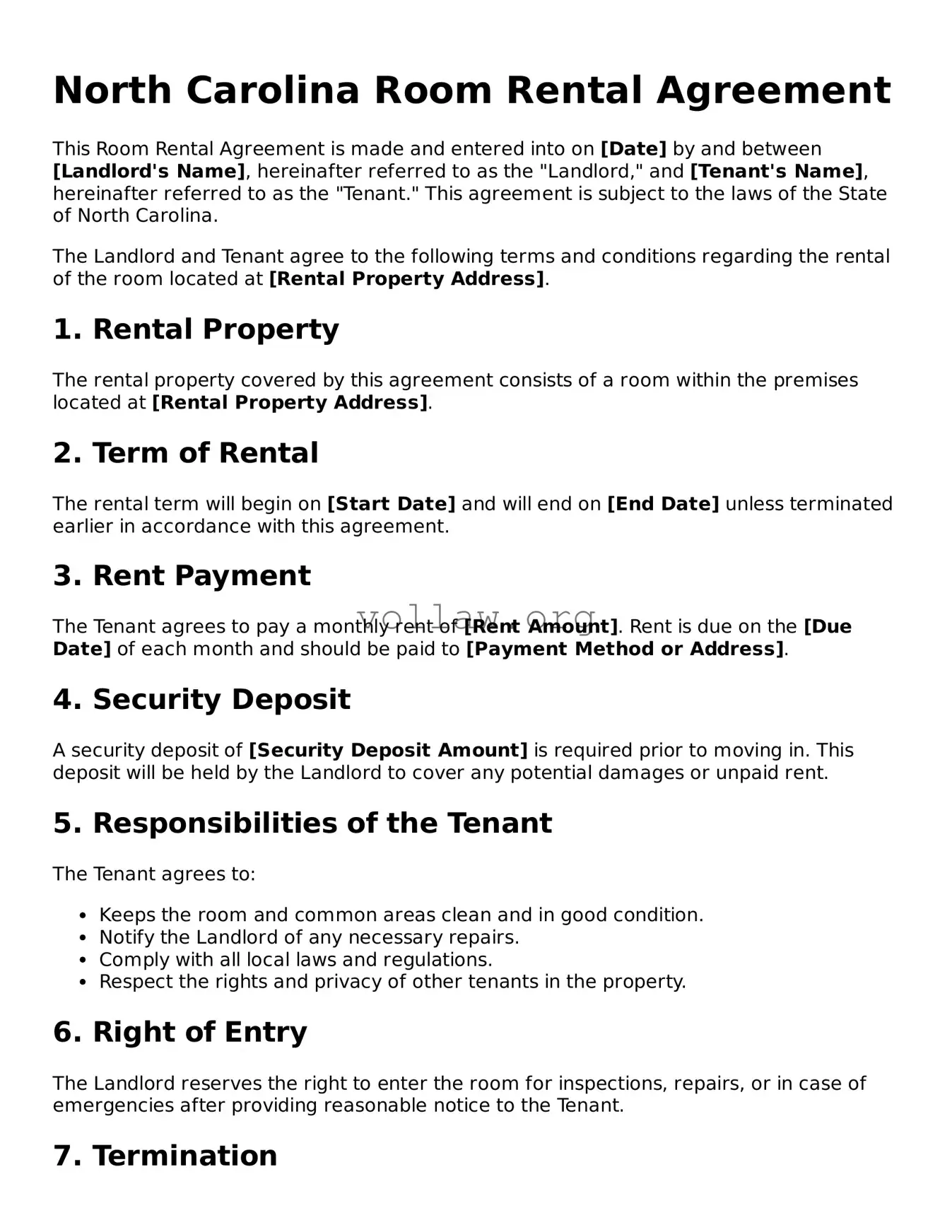 Attorney-Verified  Room Rental Agreement Form for North Carolina