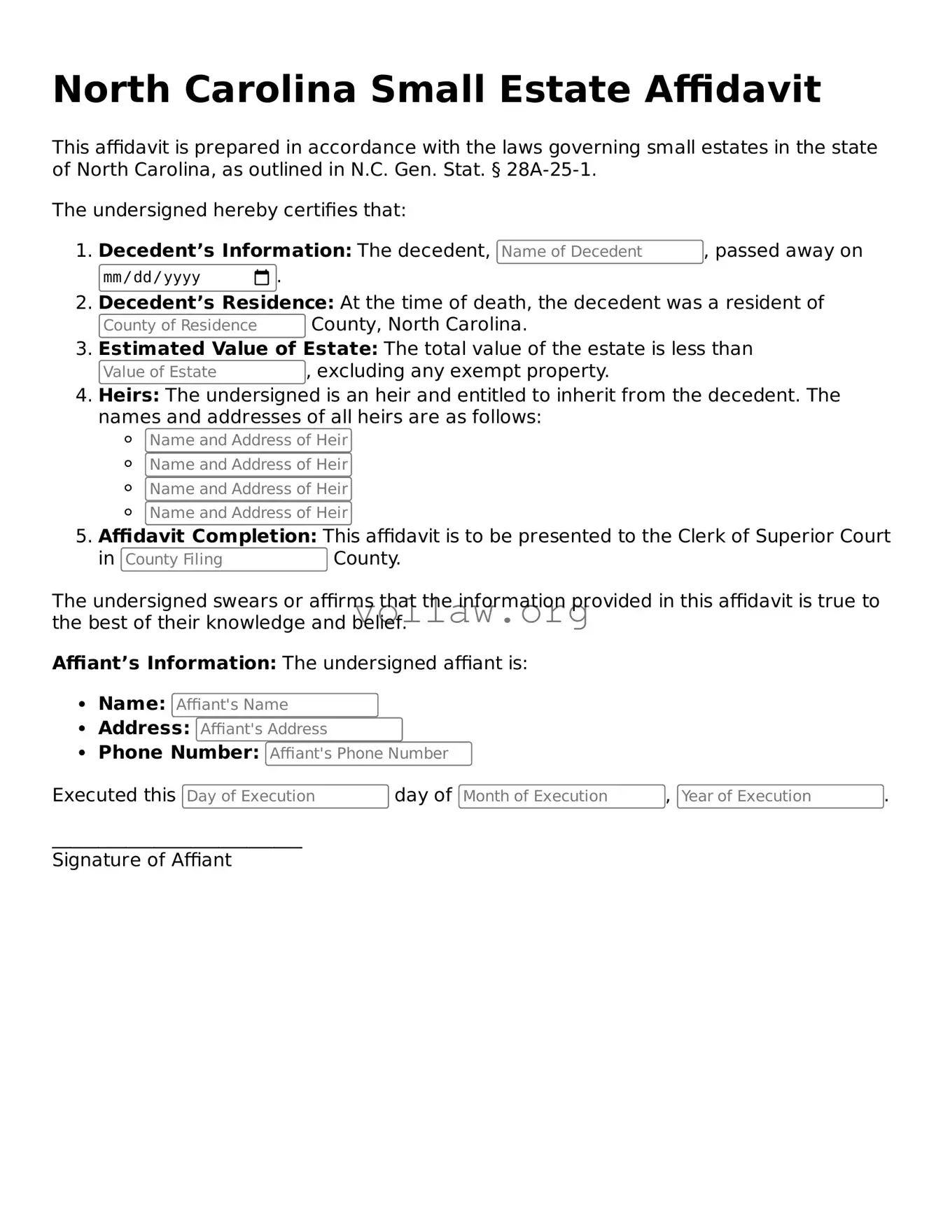 Attorney-Verified  Small Estate Affidavit Form for North Carolina