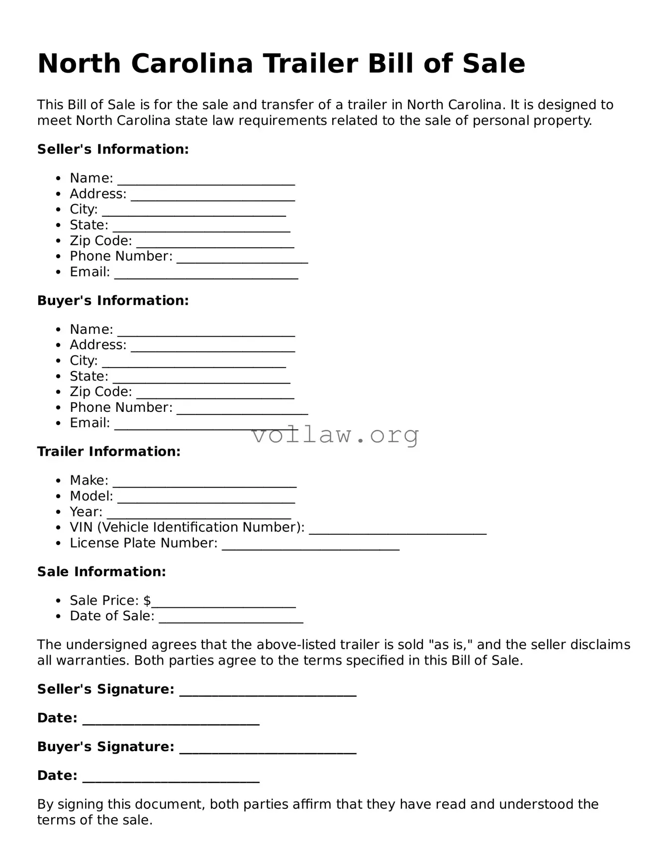 Attorney-Verified  Trailer Bill of Sale Form for North Carolina