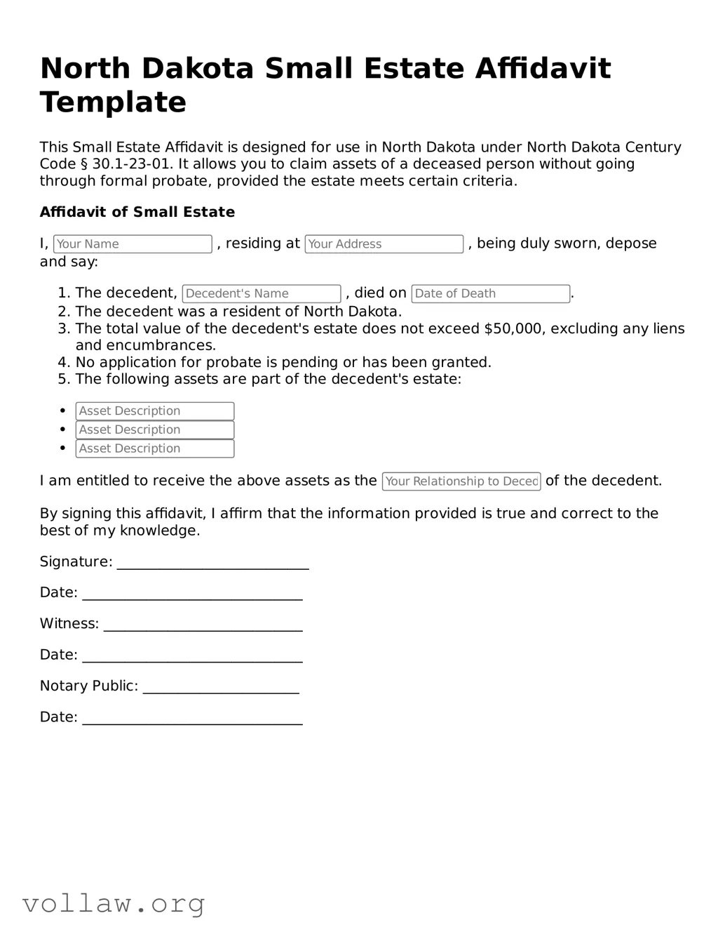 Attorney-Verified  Small Estate Affidavit Form for North Dakota