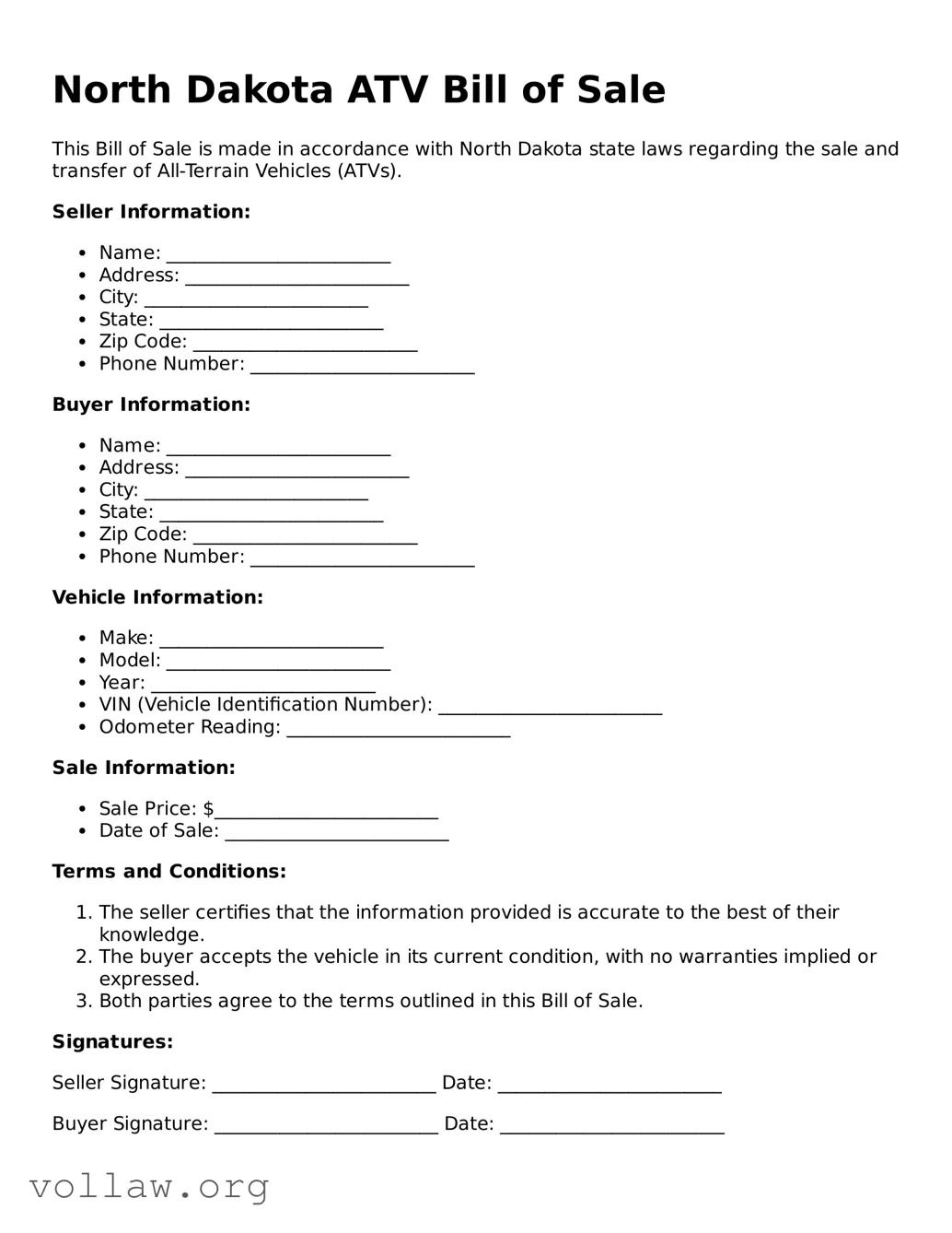 Attorney-Verified  ATV Bill of Sale Form for North Dakota