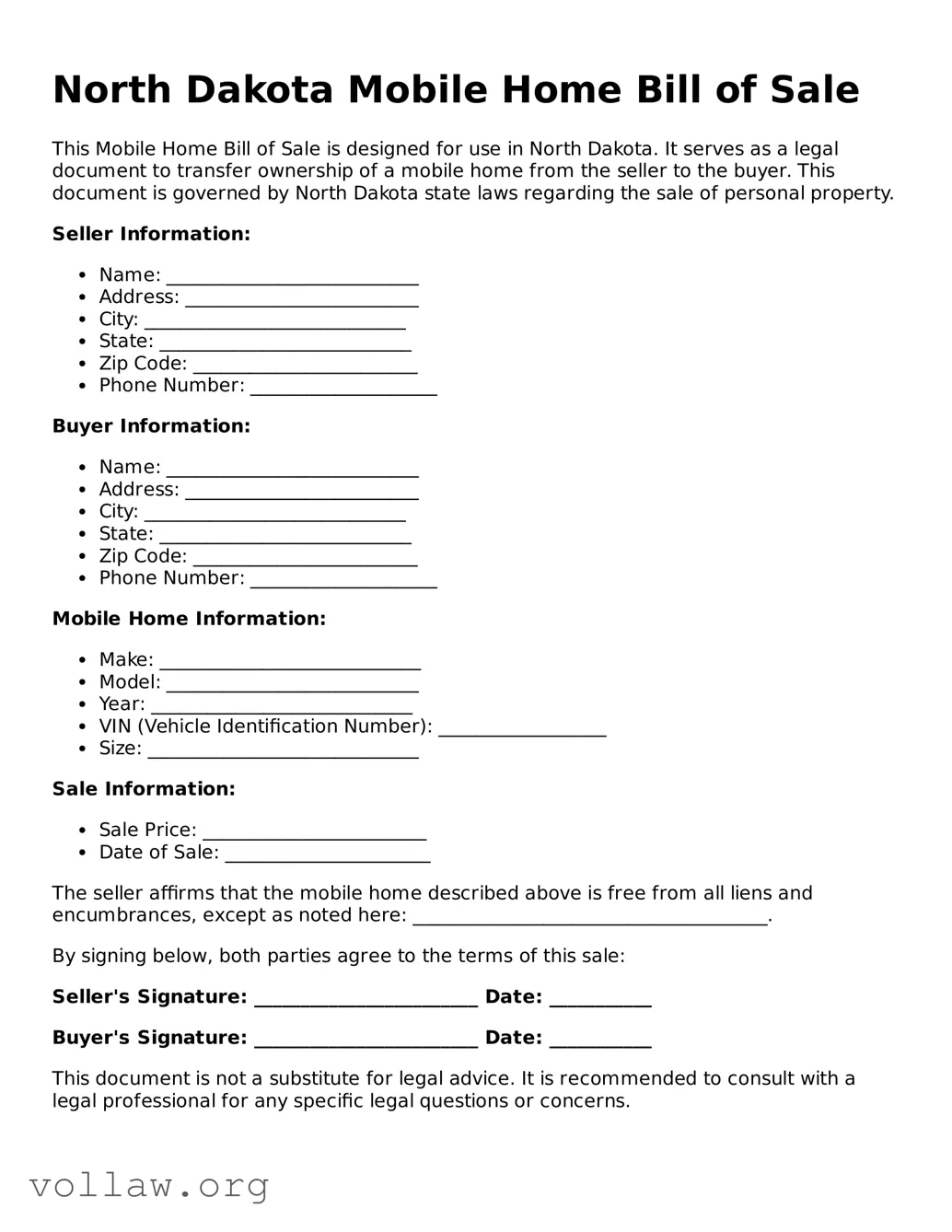 Attorney-Verified  Mobile Home Bill of Sale Form for North Dakota
