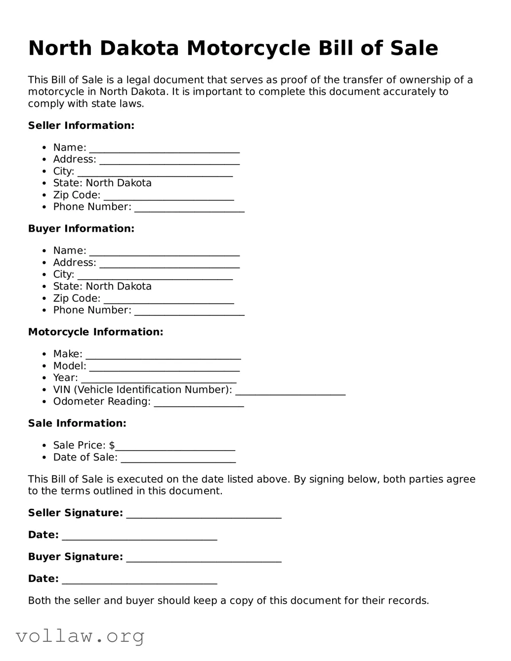 Attorney-Verified  Motorcycle Bill of Sale Form for North Dakota