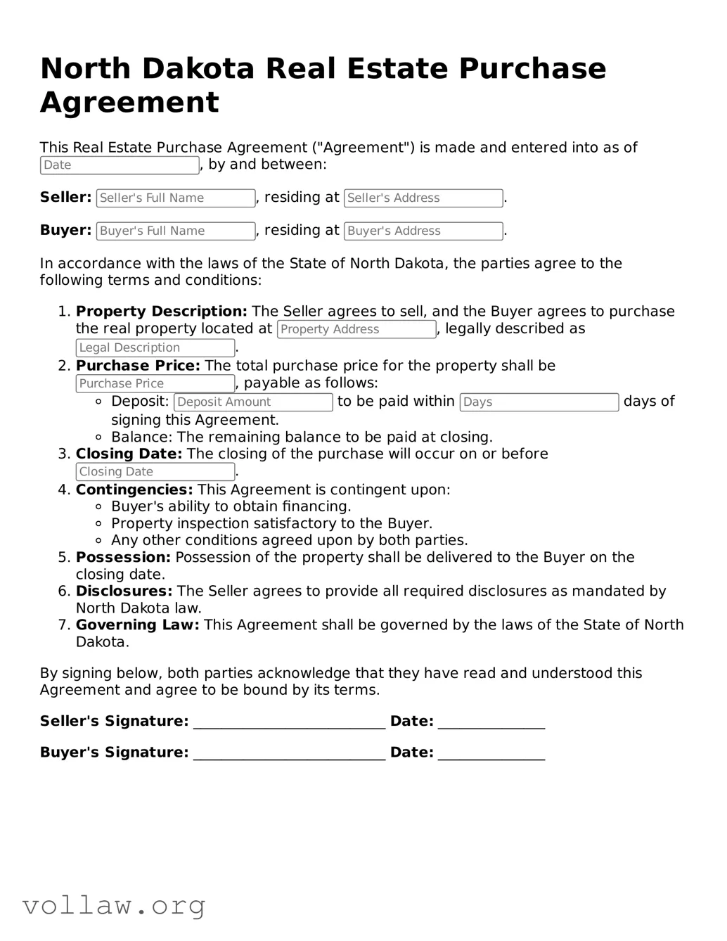 Attorney-Verified  Real Estate Purchase Agreement Form for North Dakota