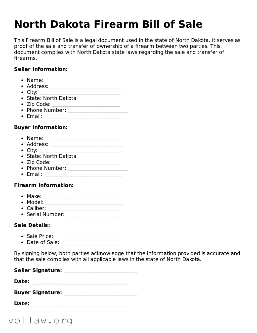Attorney-Verified  Firearm Bill of Sale Form for North Dakota