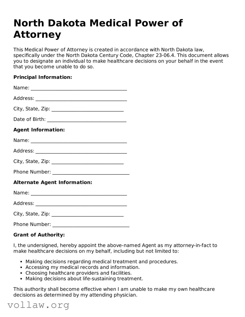 Attorney-Verified  Medical Power of Attorney Form for North Dakota