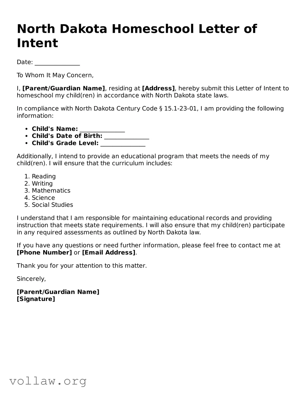 Attorney-Verified  Homeschool Letter of Intent Form for North Dakota
