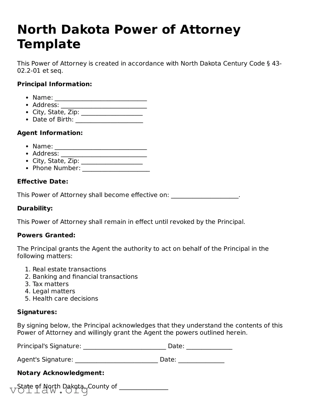 Attorney-Verified  Power of Attorney Form for North Dakota