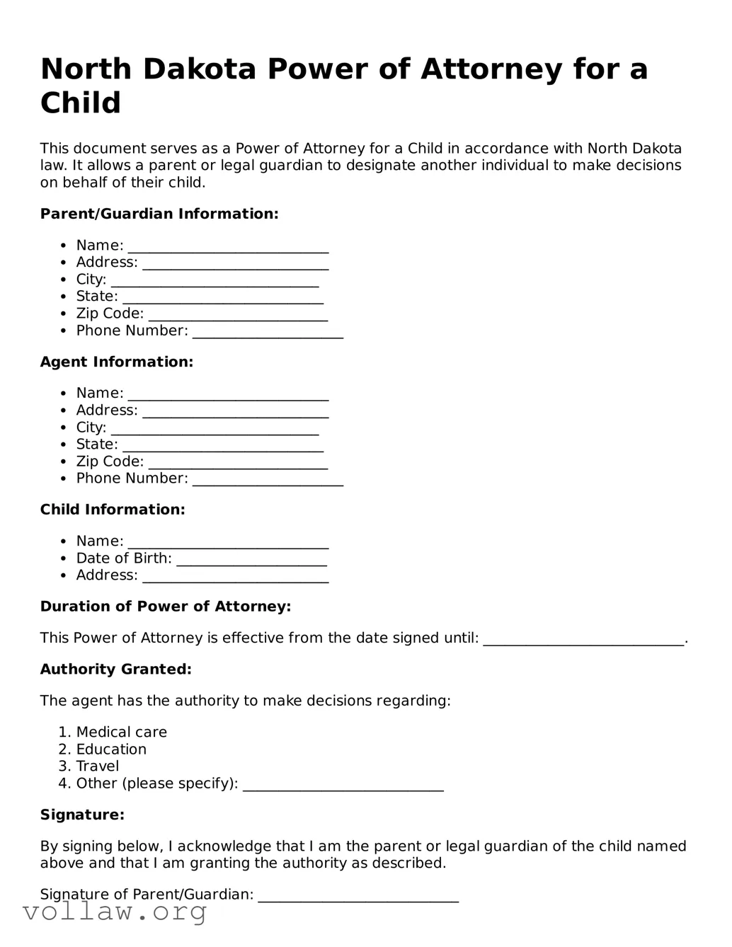Attorney-Verified  Power of Attorney for a Child Form for North Dakota