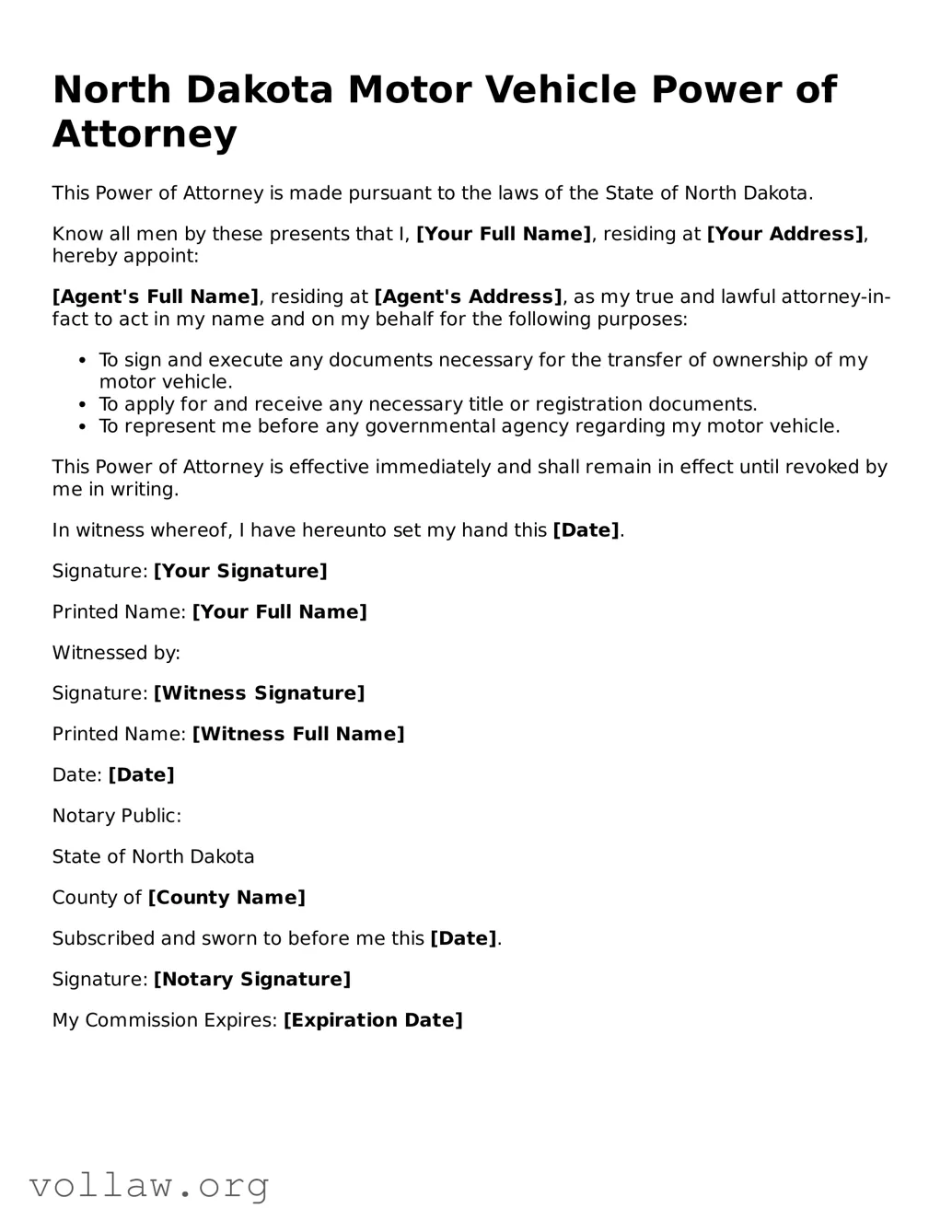 Attorney-Verified  Motor Vehicle Power of Attorney Form for North Dakota