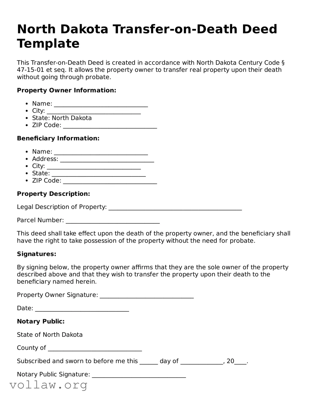 Attorney-Verified  Transfer-on-Death Deed Form for North Dakota