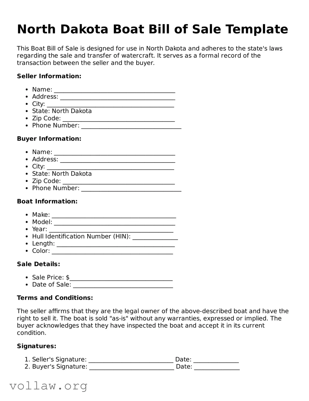 Attorney-Verified  Boat Bill of Sale Form for North Dakota
