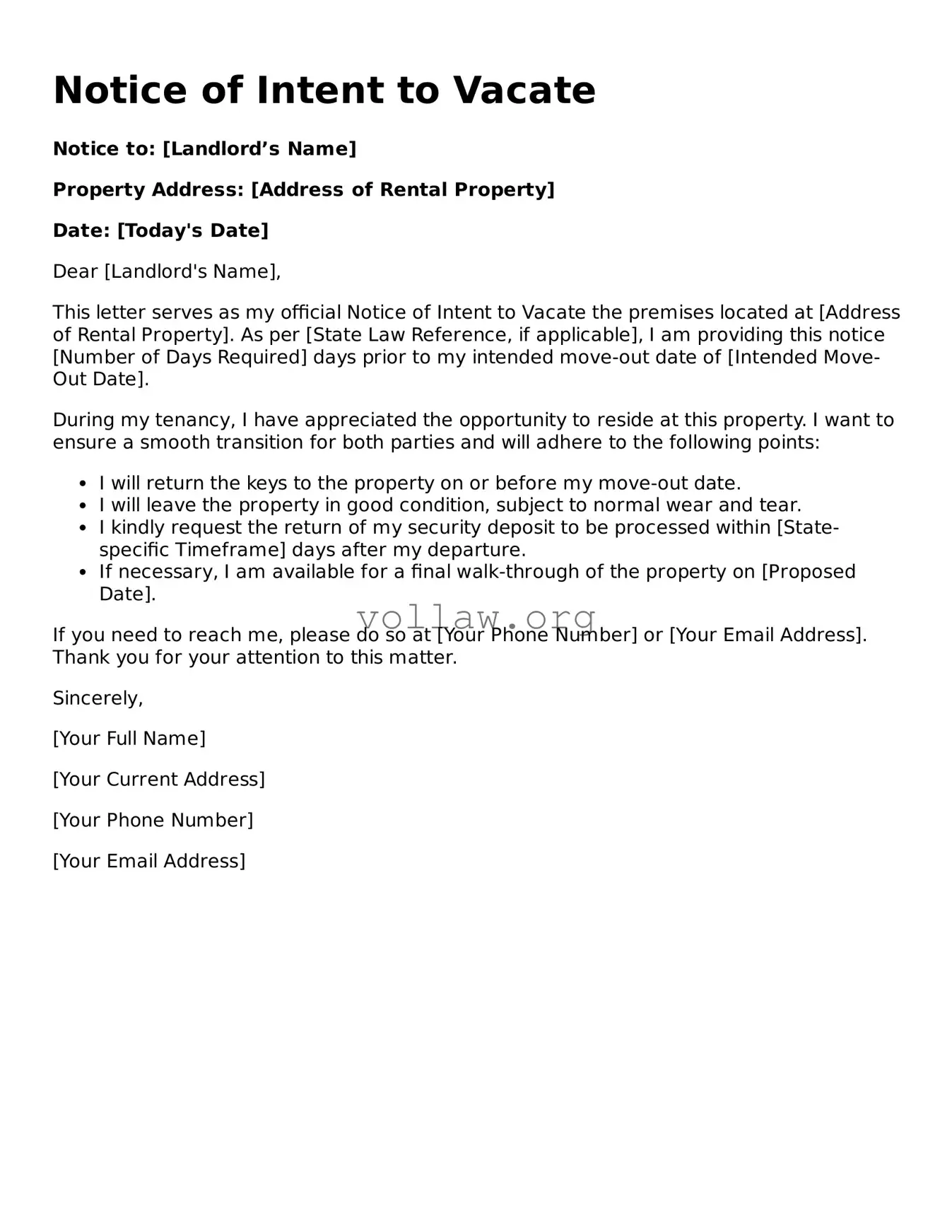 Free Notice of Intent to Vacate Form