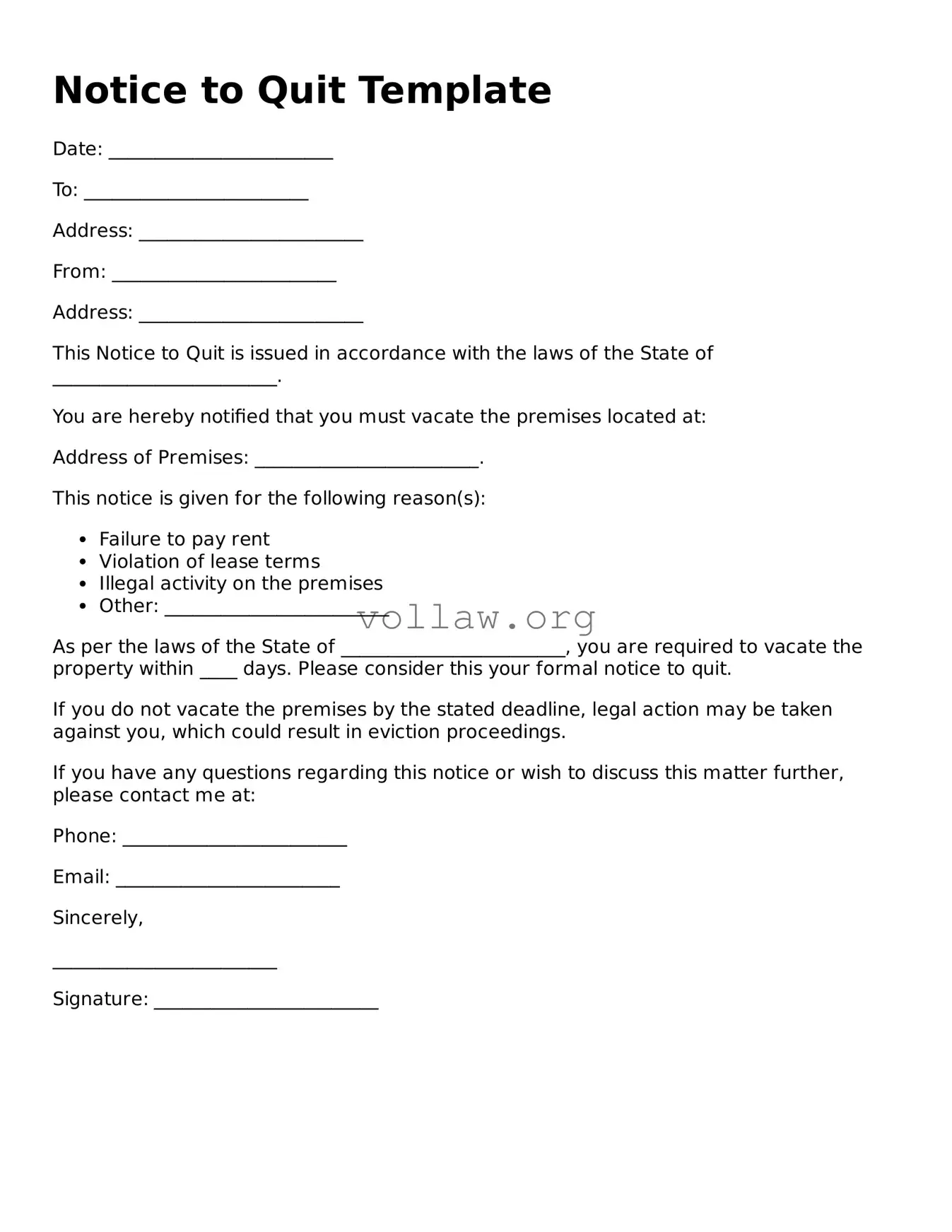 Free Notice to Quit Form