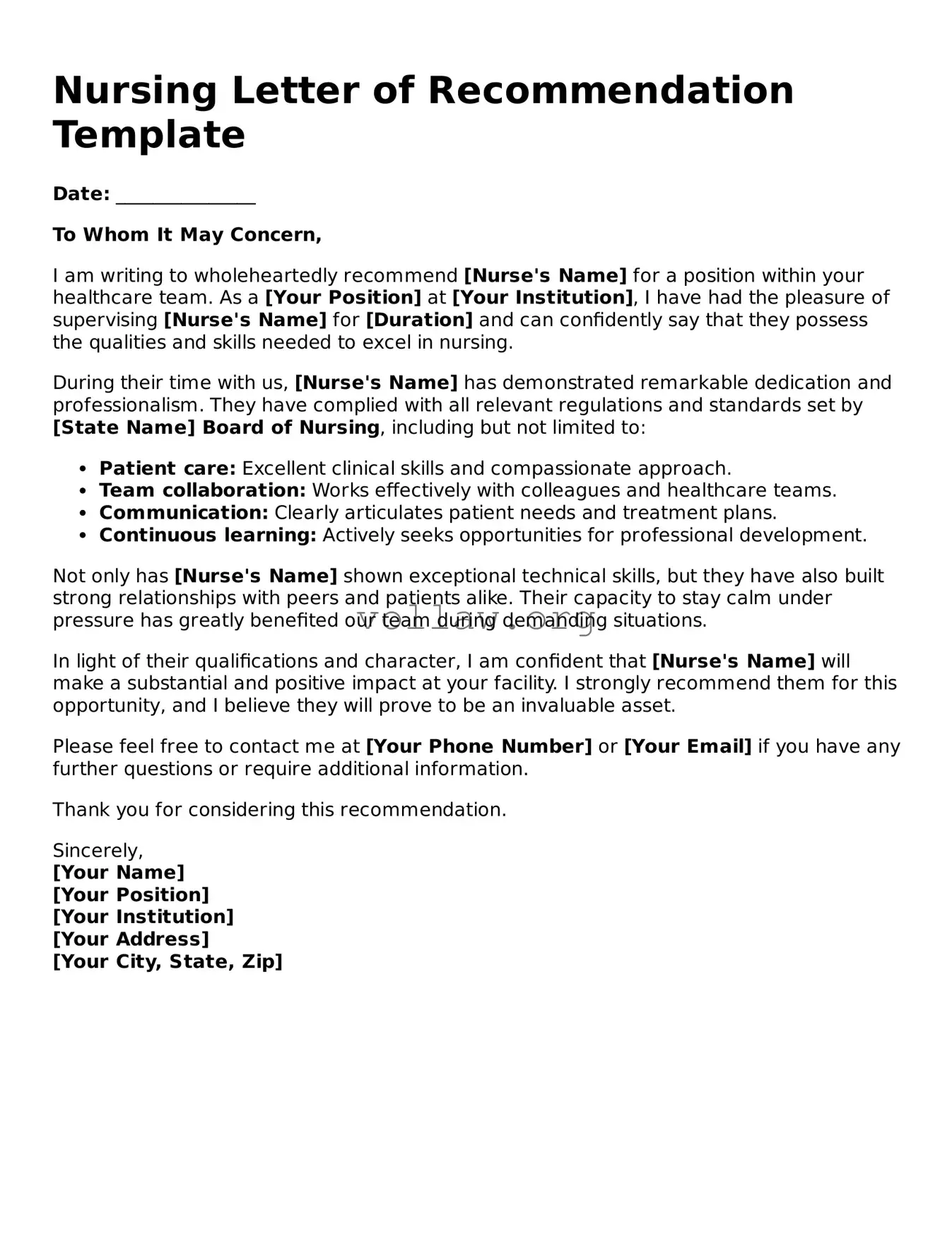Free Nursing Letter of Recommendation Form