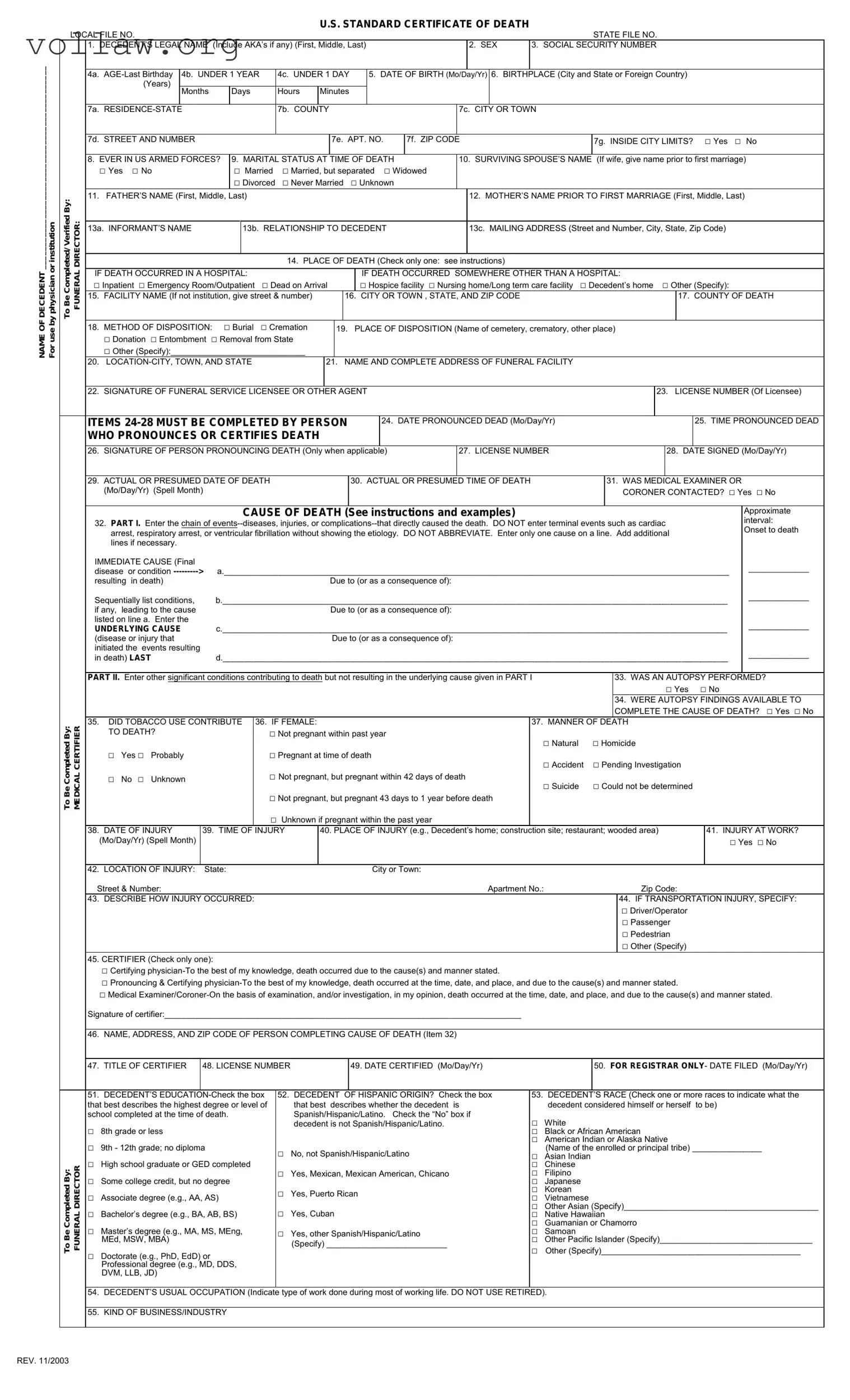 CDC U.S. Standard Certificate of Death Template