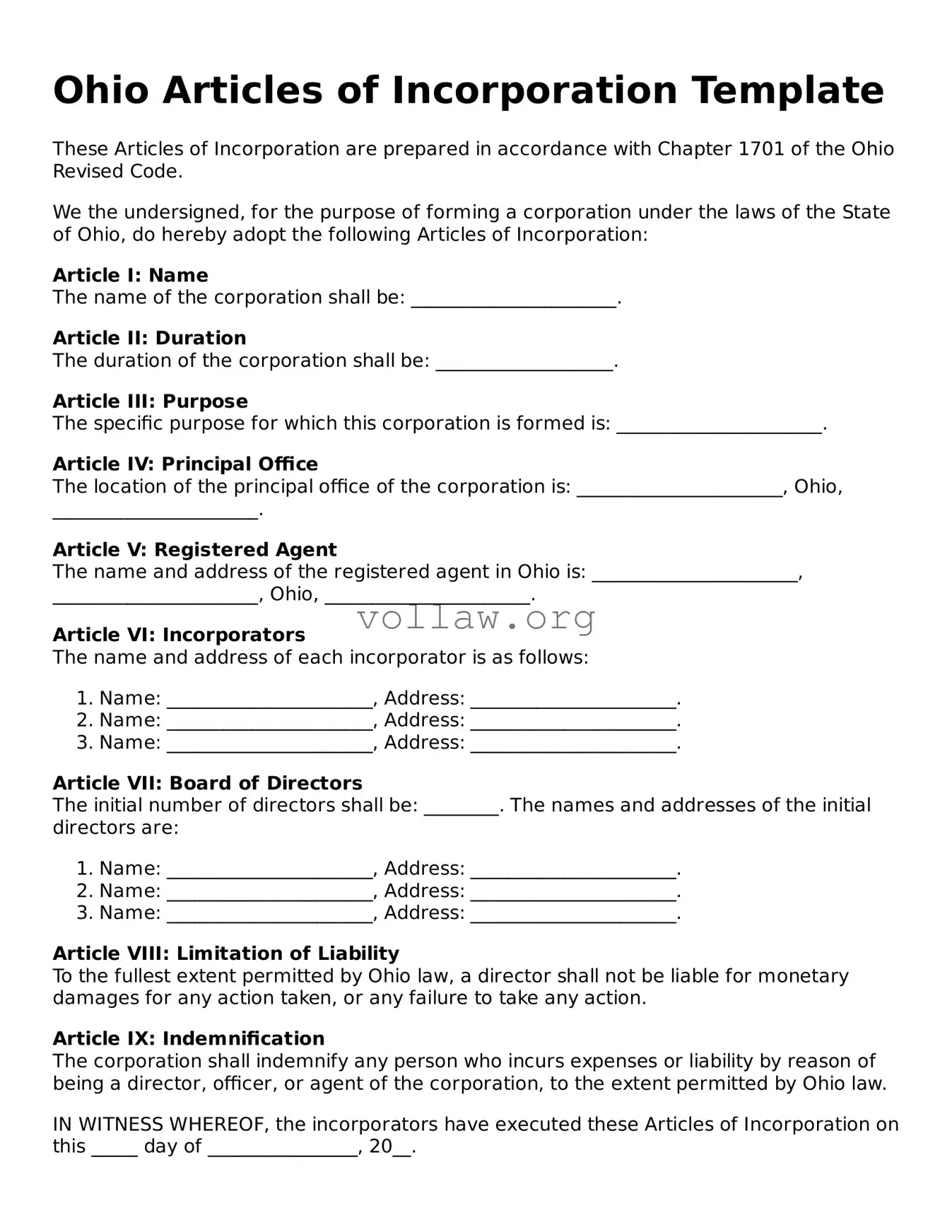 Attorney-Verified  Articles of Incorporation Form for Ohio