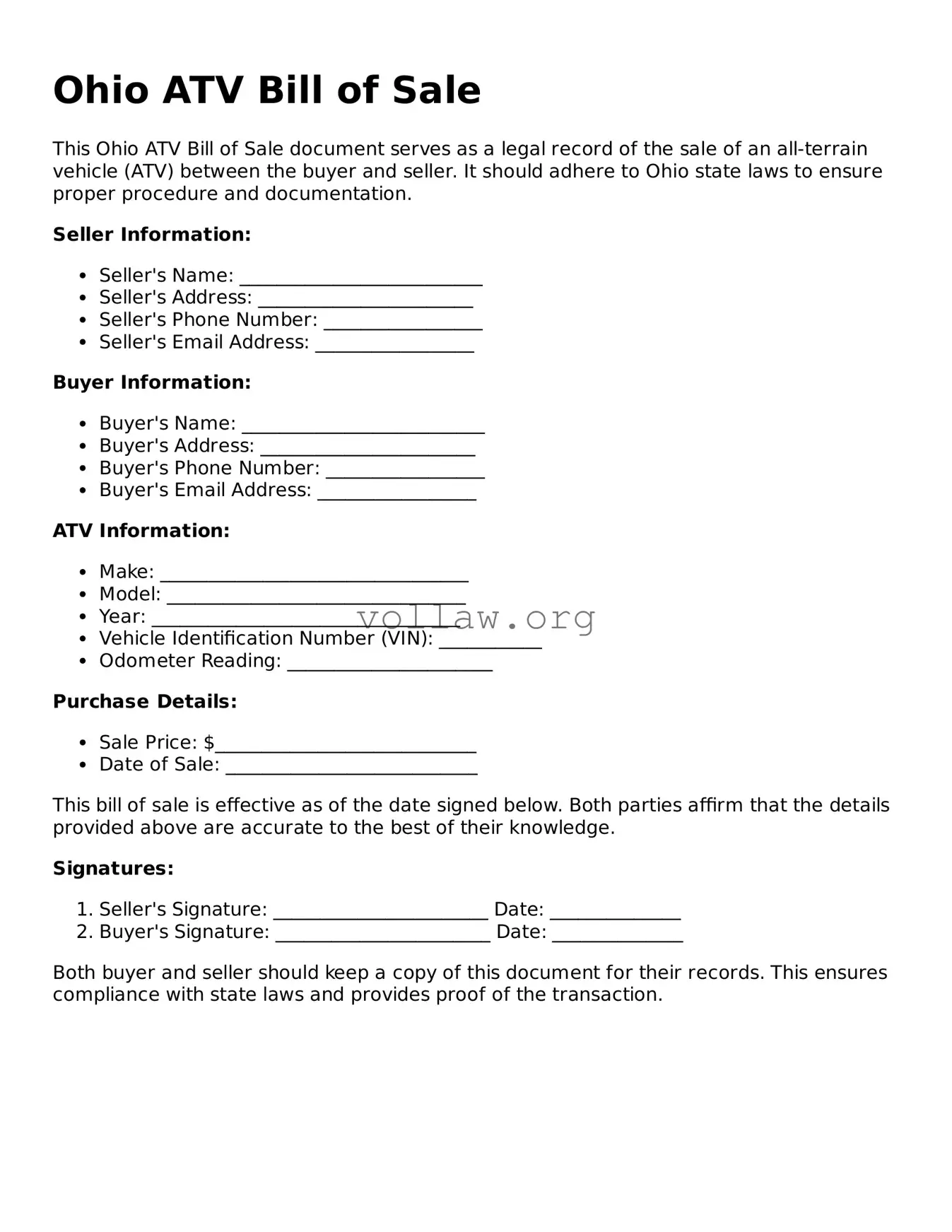 Attorney-Verified  ATV Bill of Sale Form for Ohio