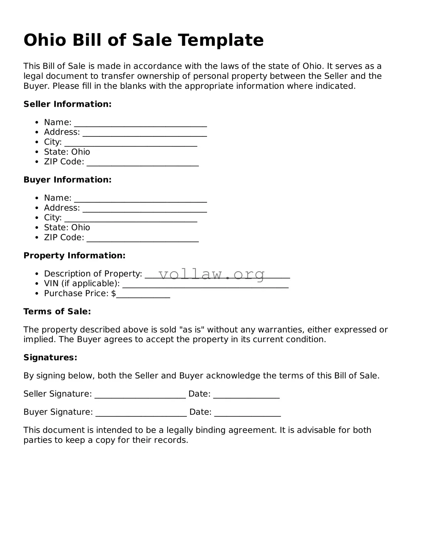 Attorney-Verified  Bill of Sale Form for Ohio