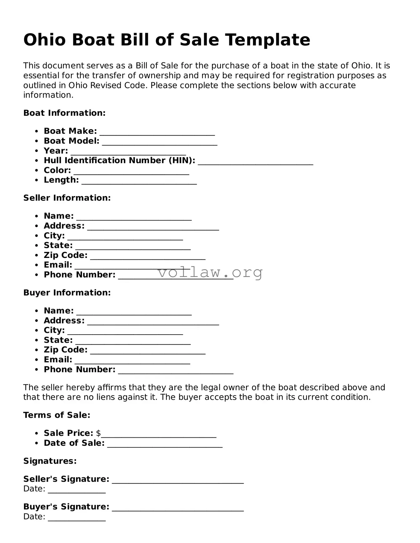 Attorney-Verified  Boat Bill of Sale Form for Ohio