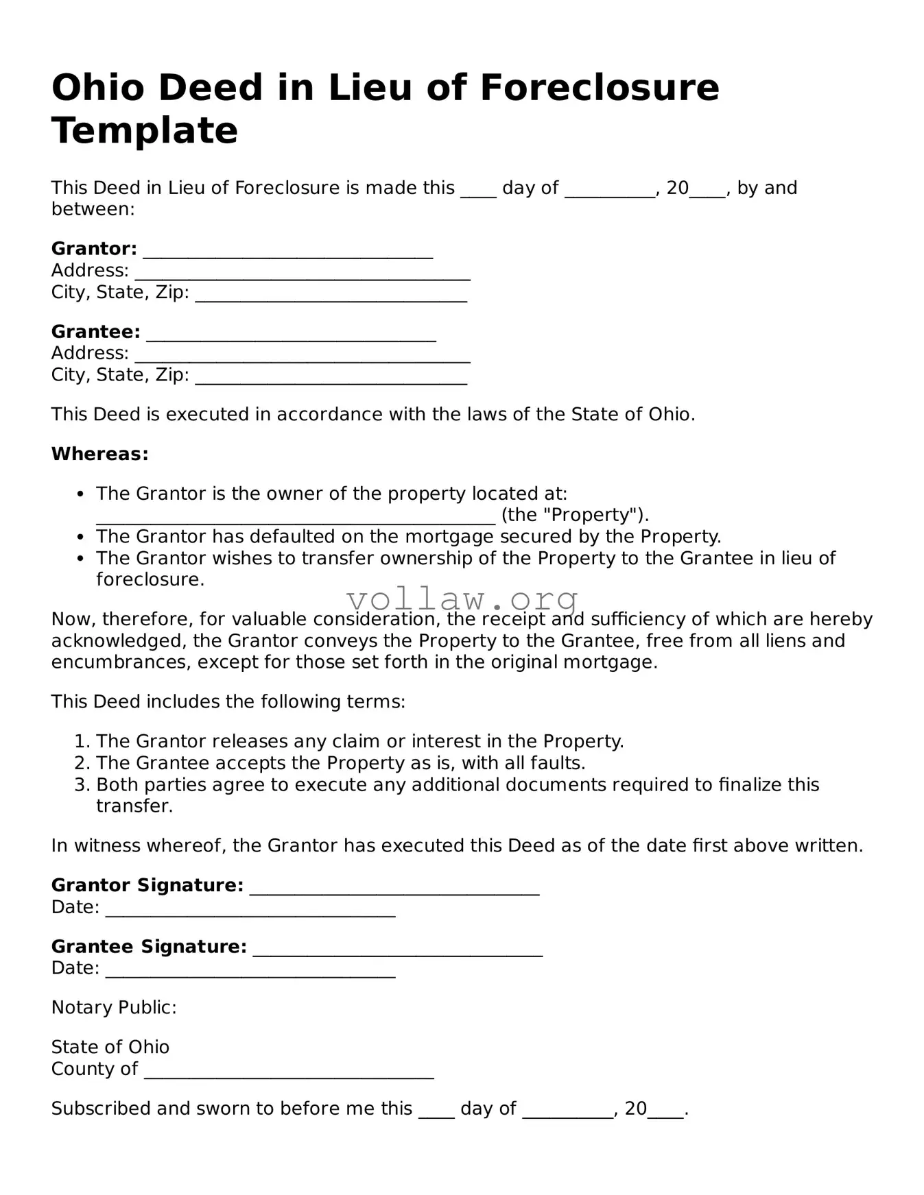 Attorney-Verified  Deed in Lieu of Foreclosure Form for Ohio