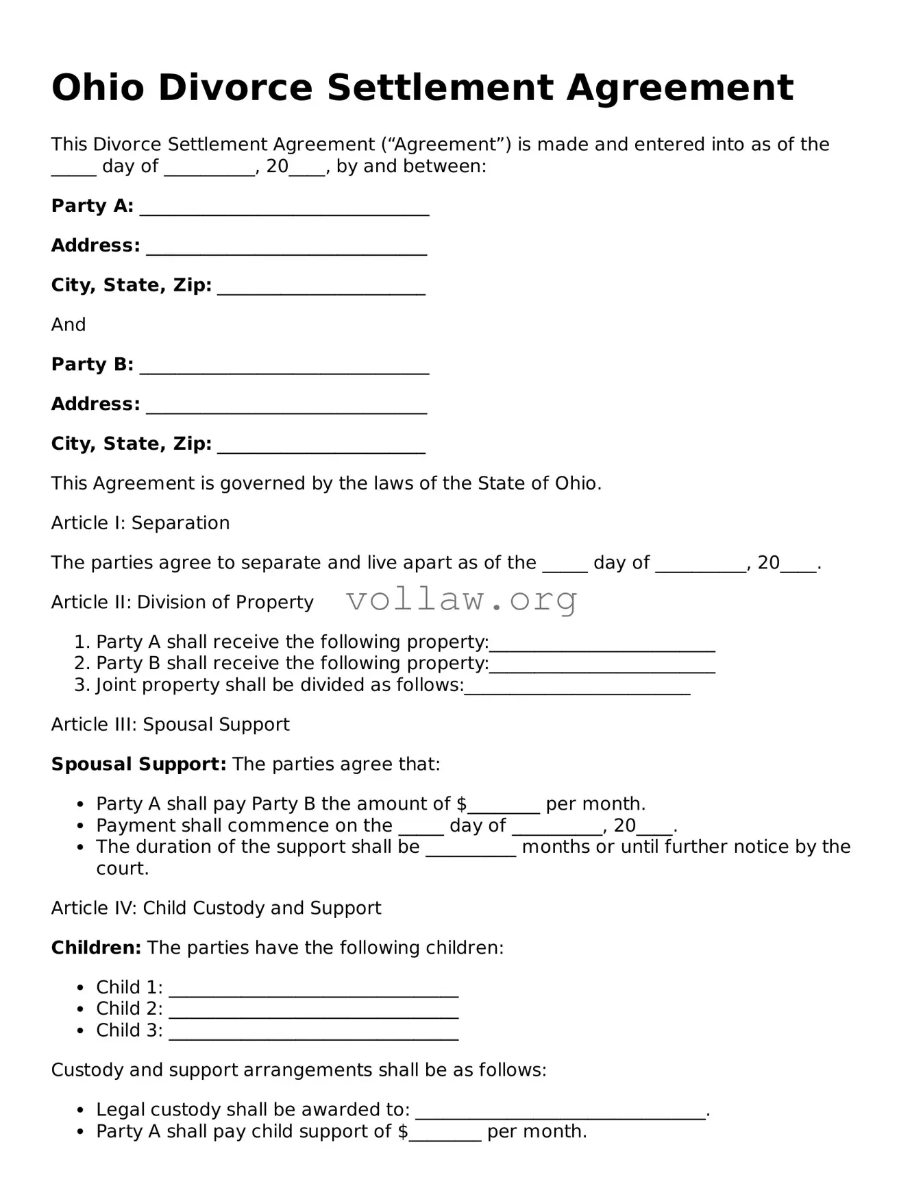 Attorney-Verified  Divorce Settlement Agreement Form for Ohio