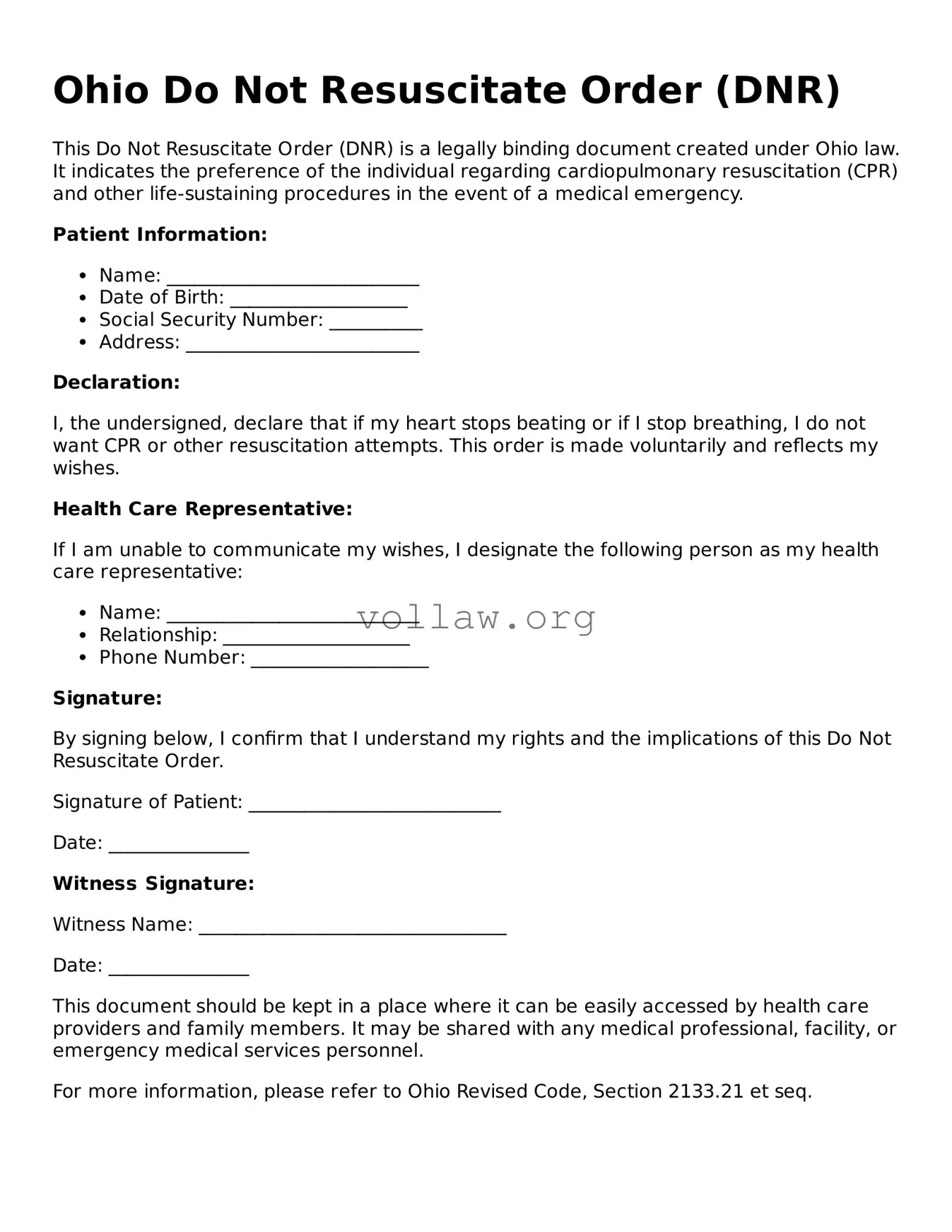 Attorney-Verified  Do Not Resuscitate Order Form for Ohio