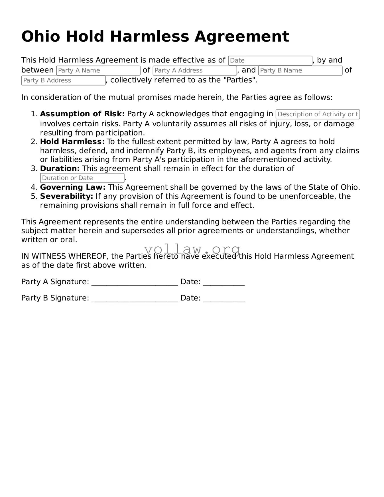 Attorney-Verified  Hold Harmless Agreement Form for Ohio