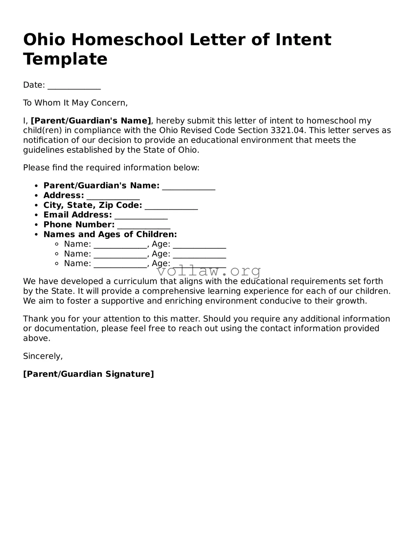 Attorney-Verified  Homeschool Letter of Intent Form for Ohio