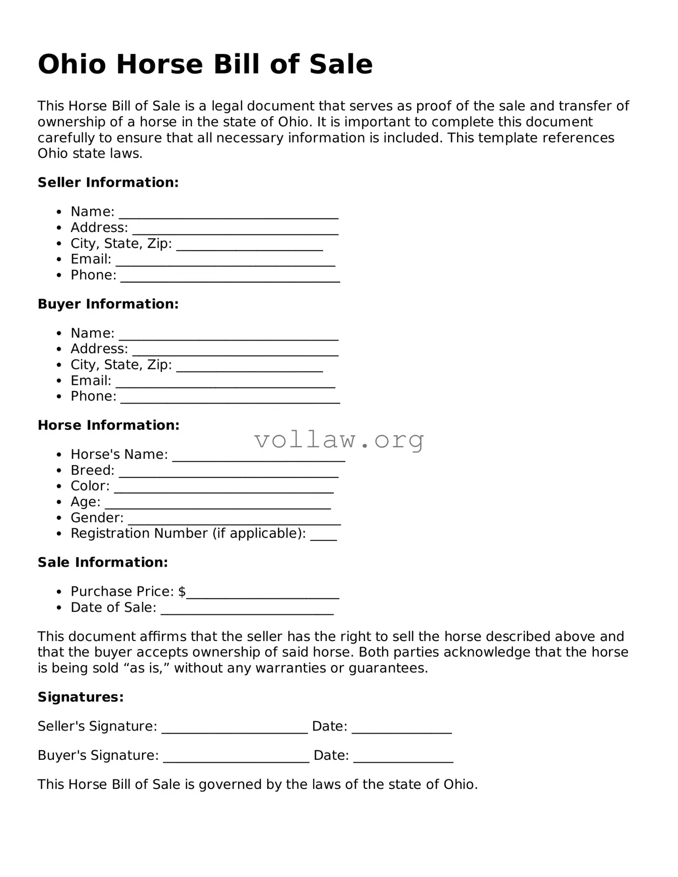 Attorney-Verified  Horse Bill of Sale Form for Ohio