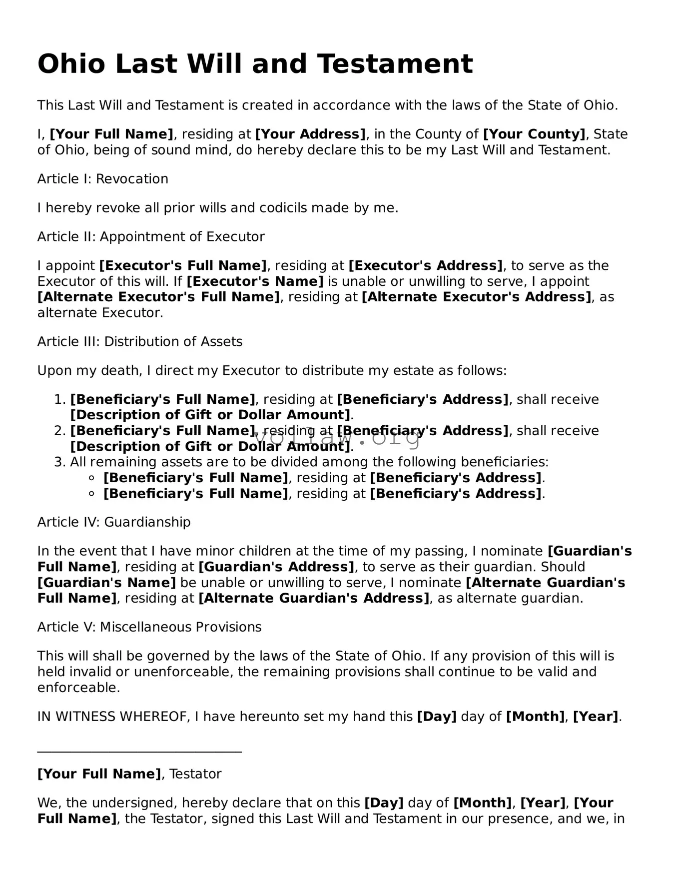 Attorney-Verified  Last Will and Testament Form for Ohio