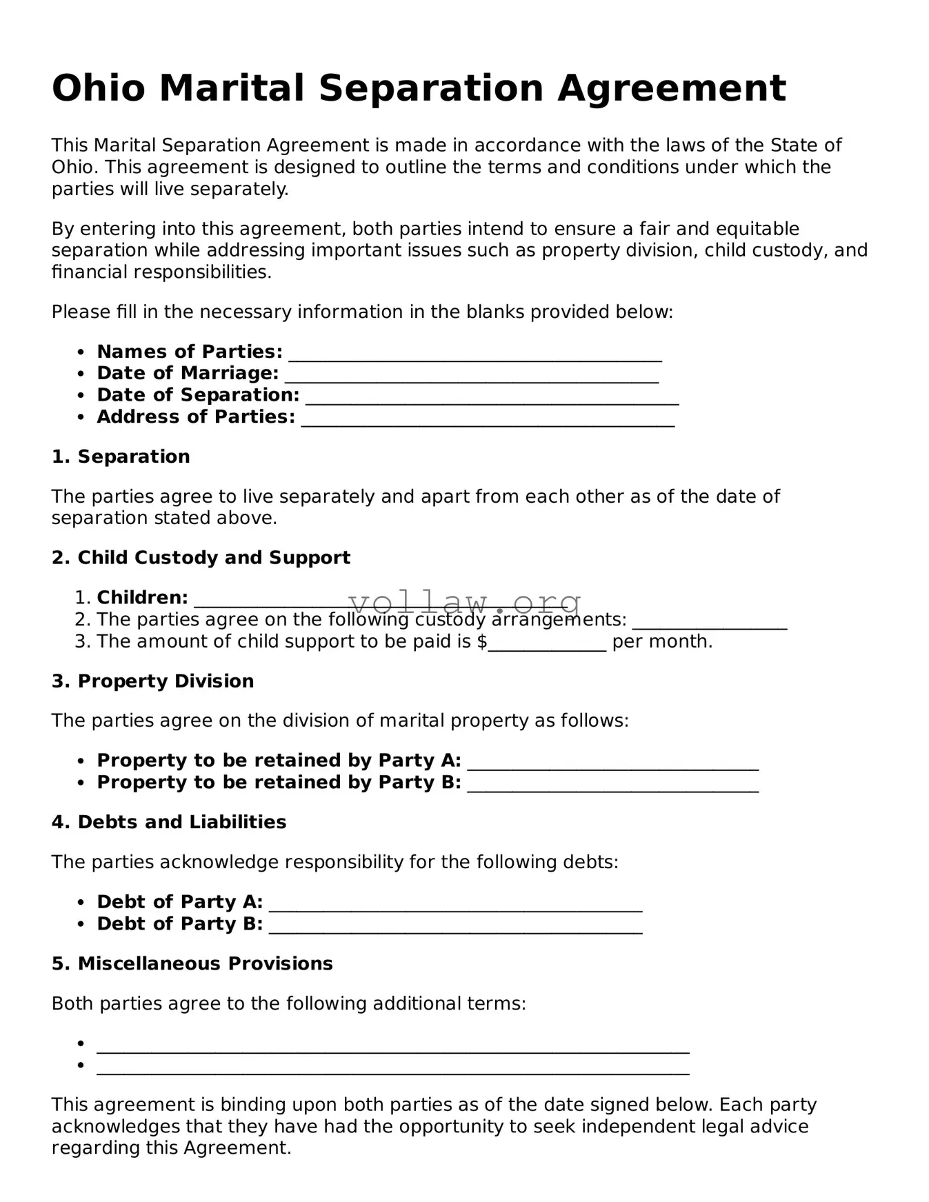 Attorney-Verified  Marital Separation Agreement Form for Ohio