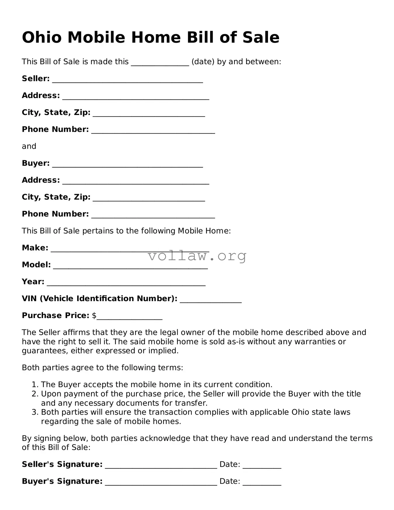 Attorney-Verified  Mobile Home Bill of Sale Form for Ohio