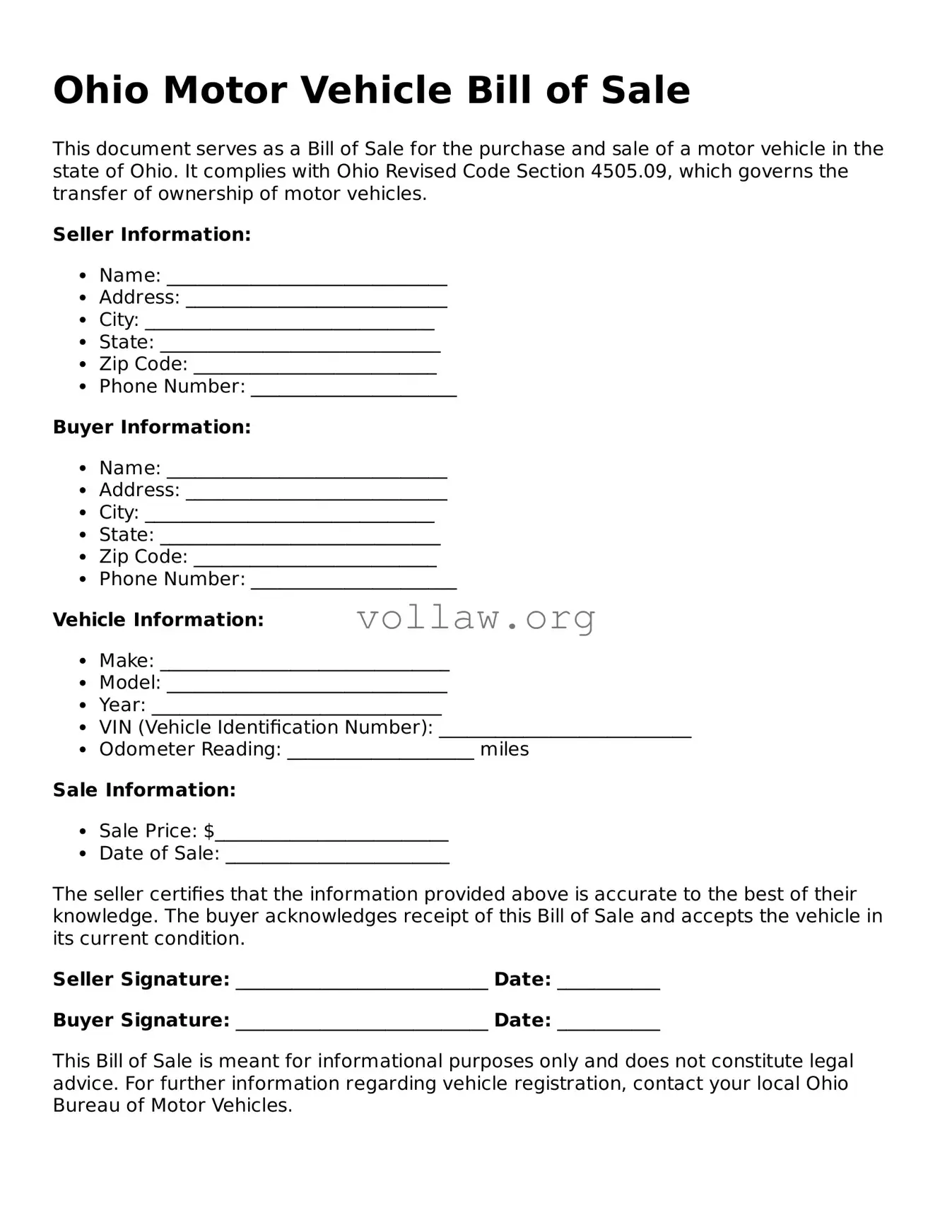 Attorney-Verified  Motor Vehicle Bill of Sale Form for Ohio