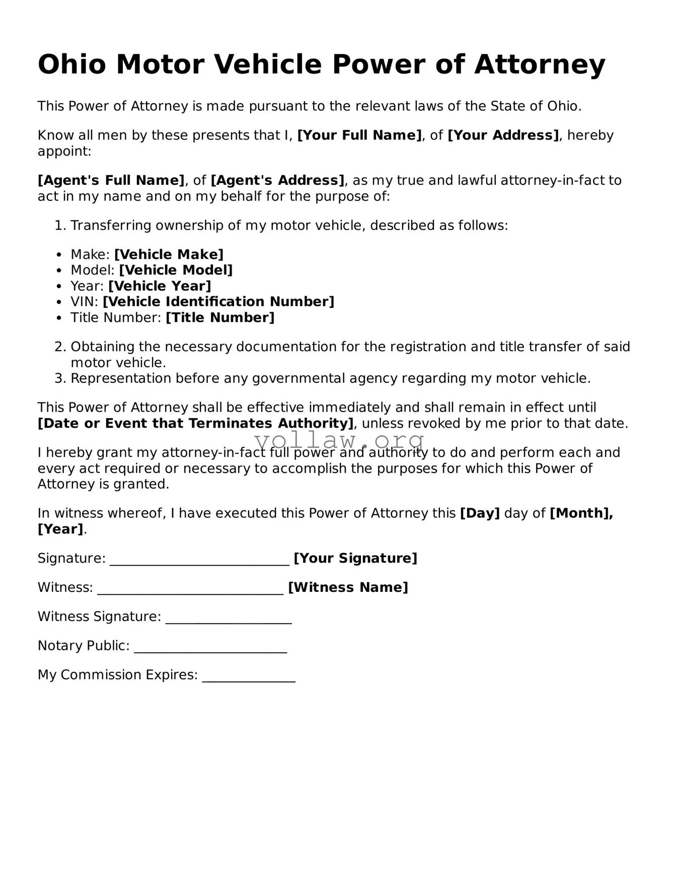 Attorney-Verified  Motor Vehicle Power of Attorney Form for Ohio