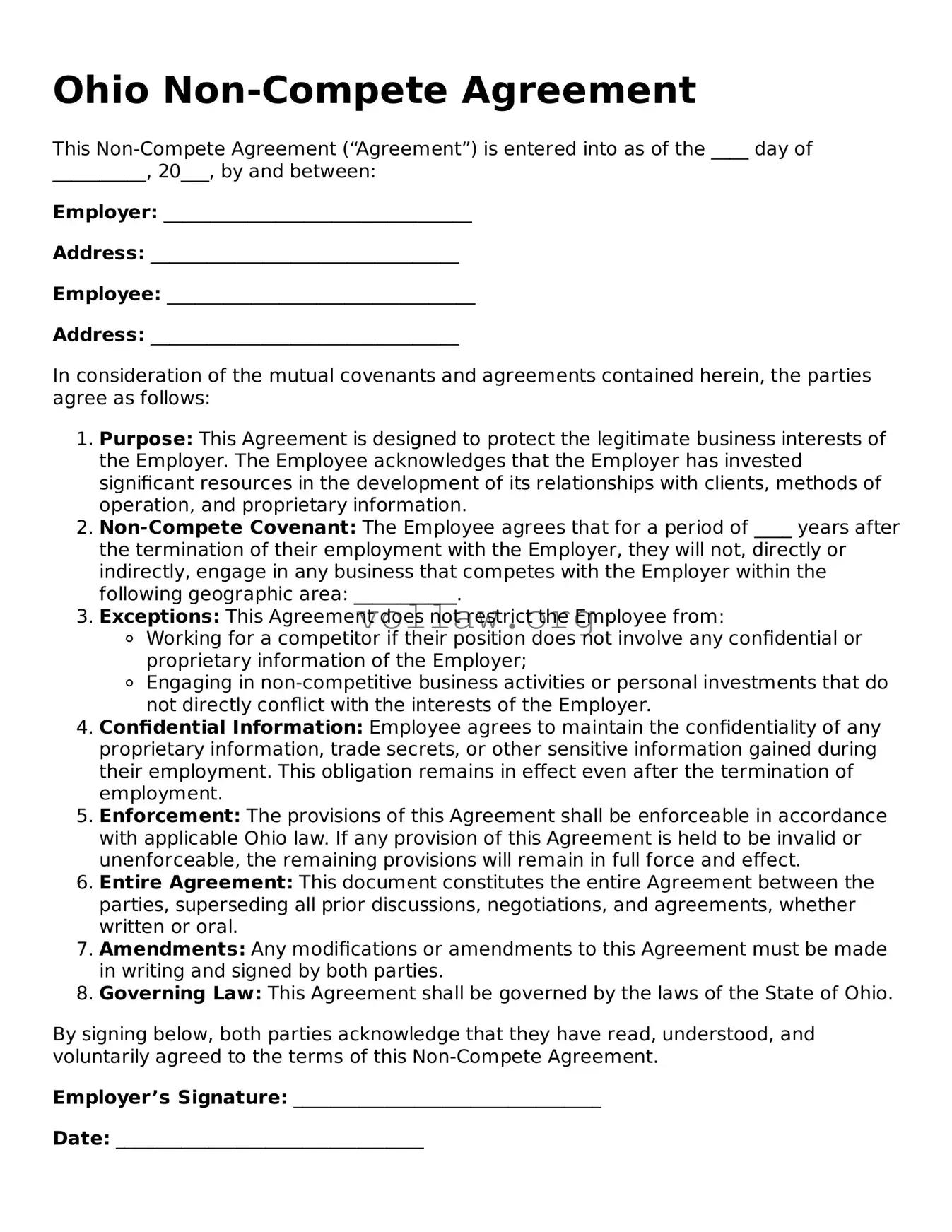 Attorney-Verified  Non-compete Agreement Form for Ohio