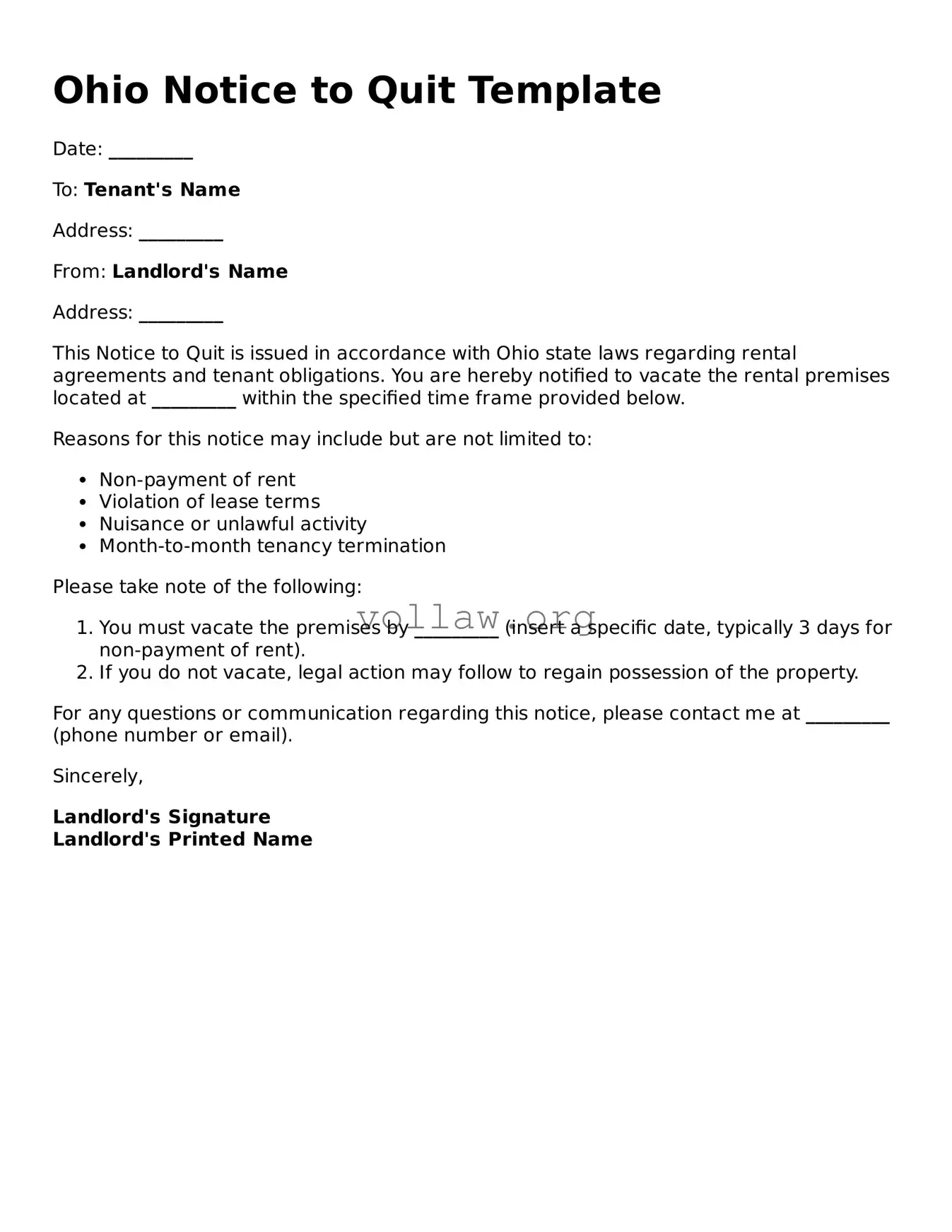 Attorney-Verified  Notice to Quit Form for Ohio