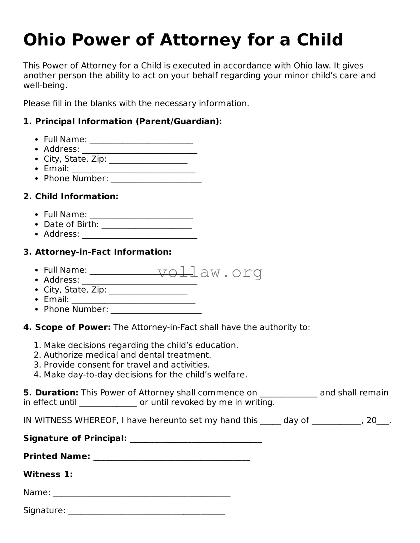 Attorney-Verified  Power of Attorney for a Child Form for Ohio