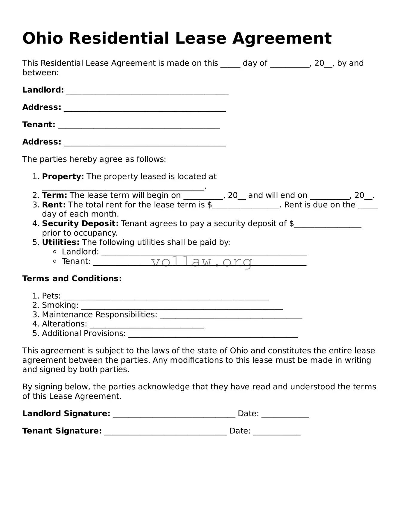 Attorney-Verified  Residential Lease Agreement Form for Ohio