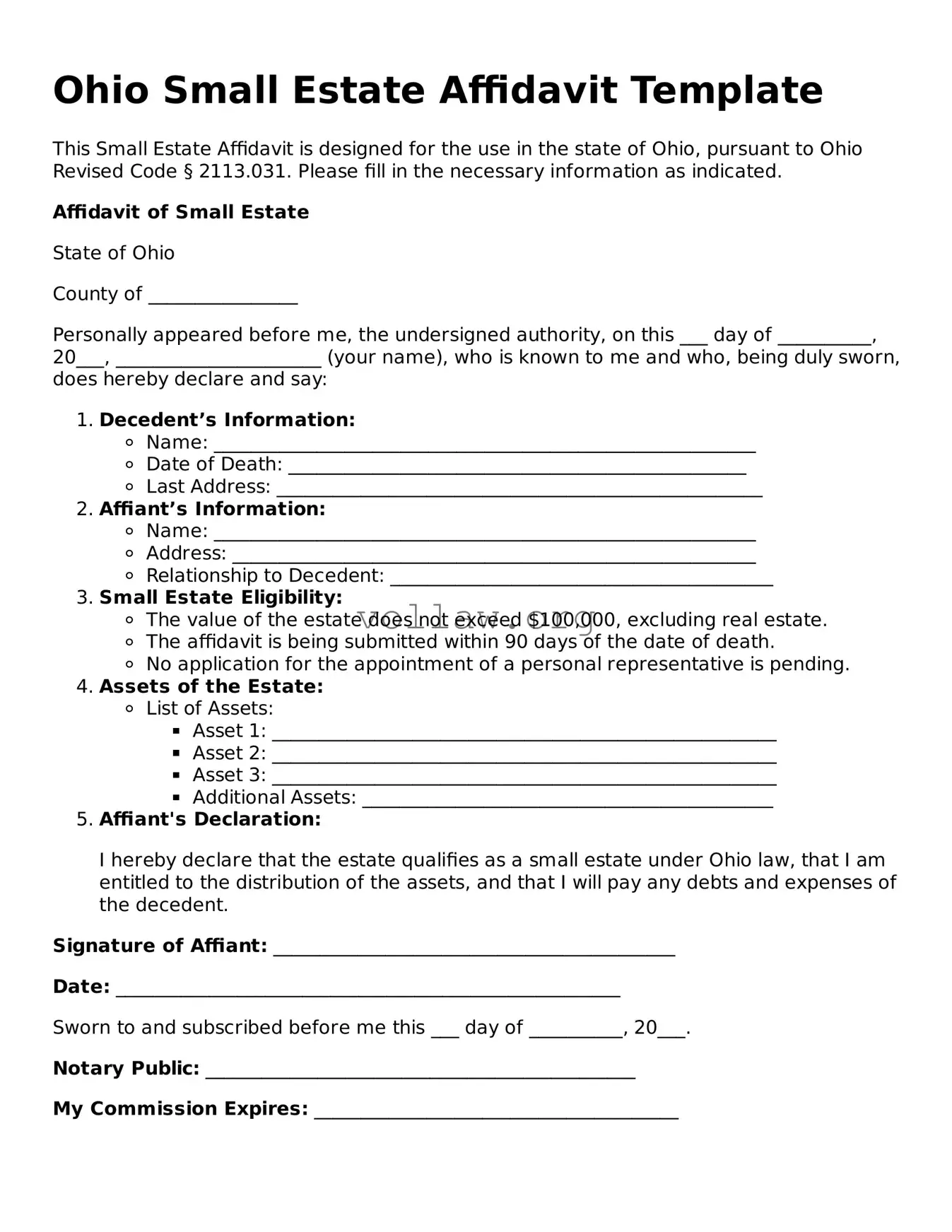 Attorney-Verified  Small Estate Affidavit Form for Ohio