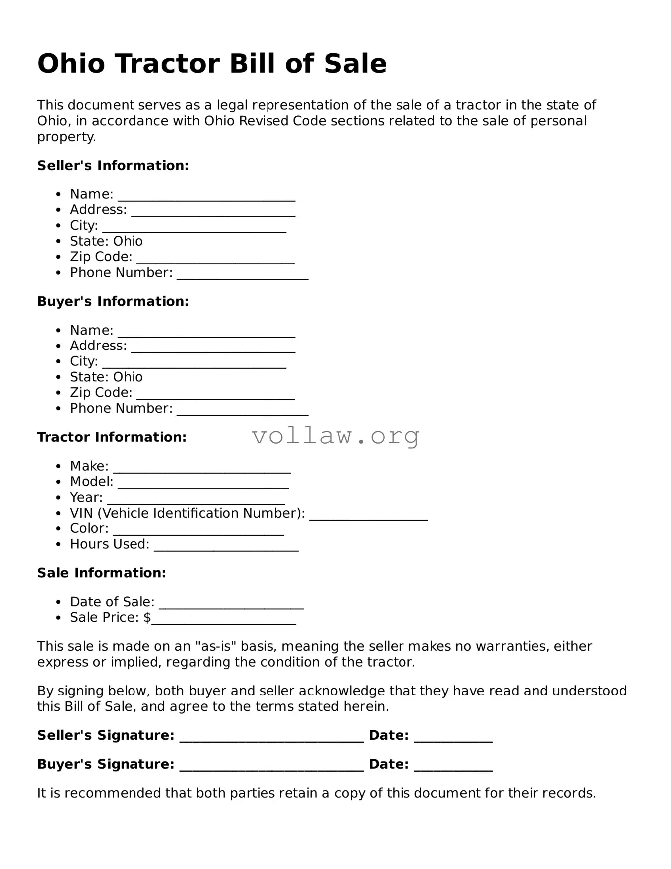 Attorney-Verified  Tractor Bill of Sale Form for Ohio