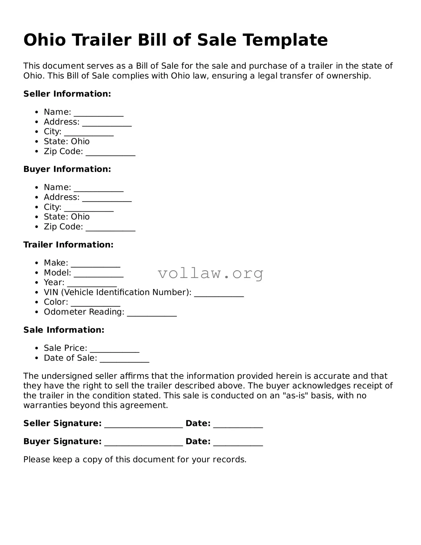 Attorney-Verified  Trailer Bill of Sale Form for Ohio